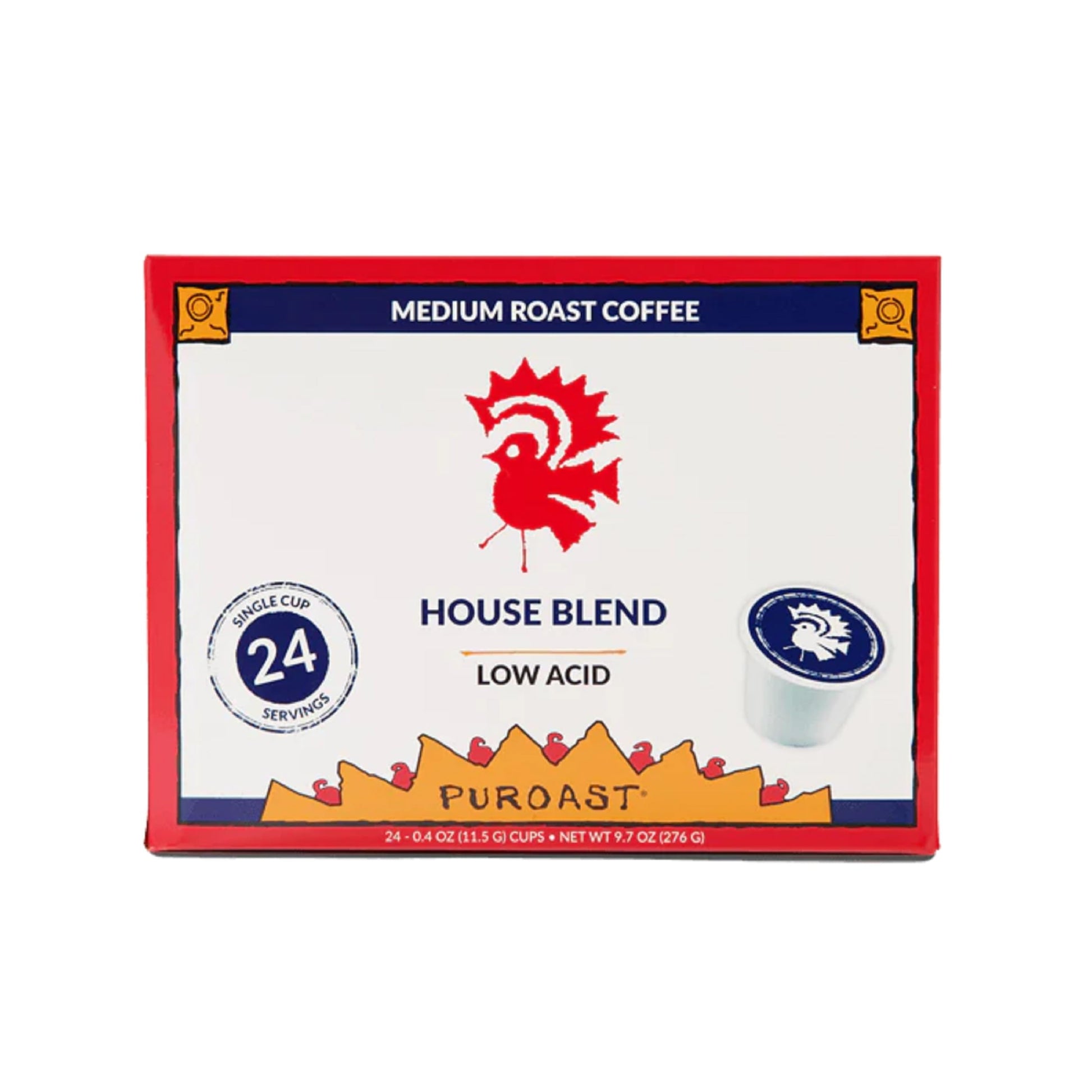 Puroast Low Acid Coffee Pods - House Blend, Medium Roast, 24 Count, Compatible with Keurig Brewer, No Bitter Aftertaste