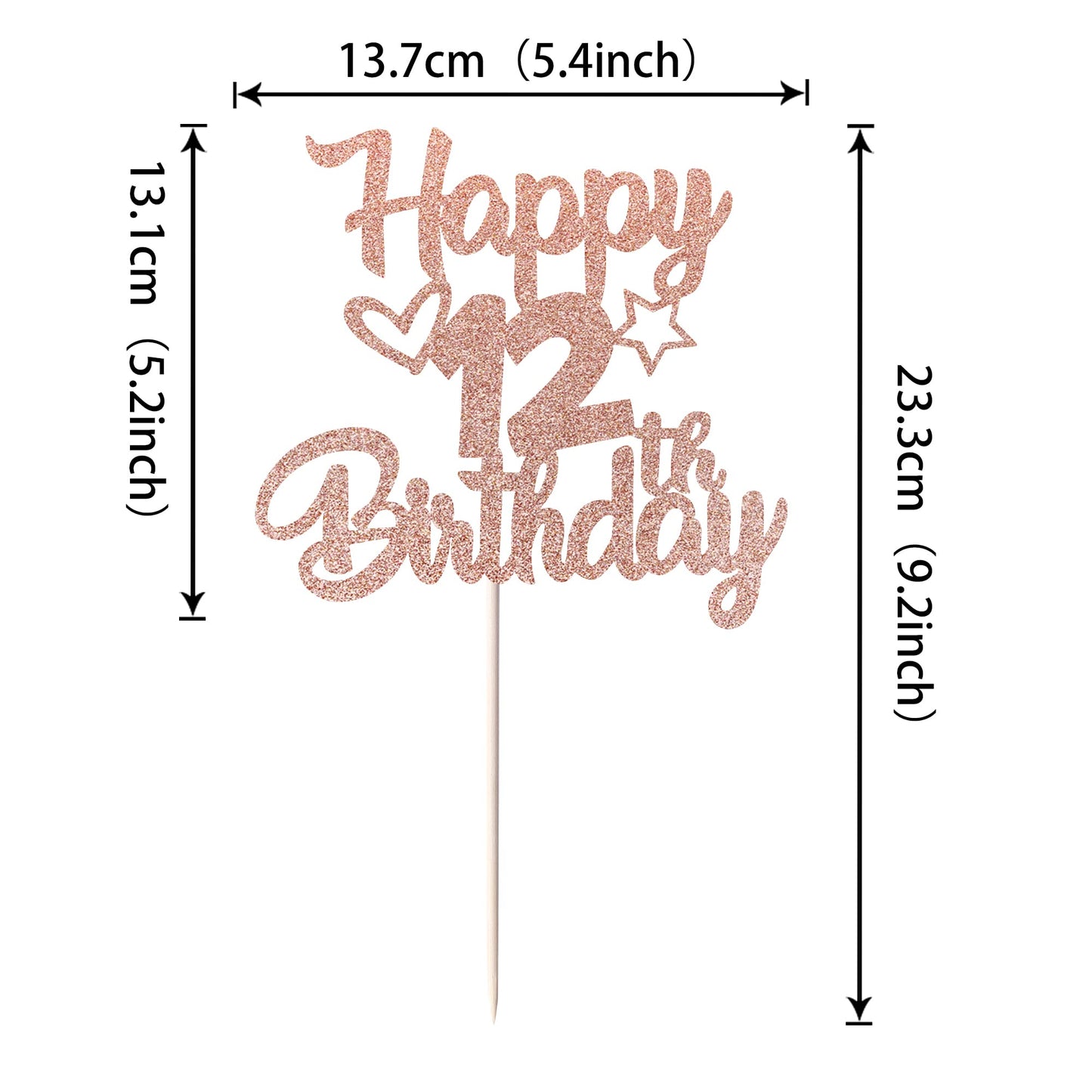 YCTHUNFISH Happy 12th Birthday Cake Topper Glitter Heart Star, Rose Gold, 5.4x9.2 inches, Cake Decorations for Children
