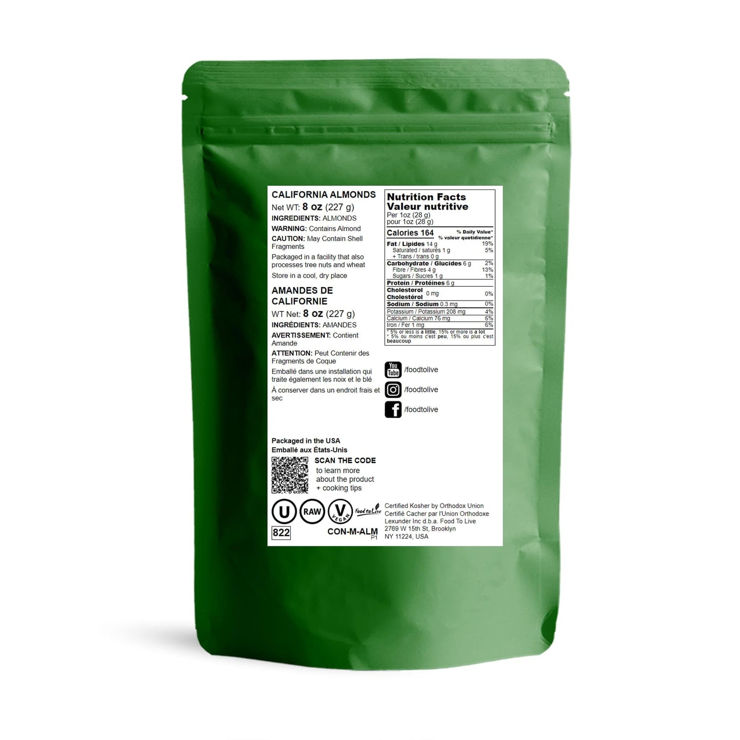 Food To Live California Almonds, 8 Ounces – Supreme, Whole, Raw, Unsalted, Unroasted Nuts, Natural