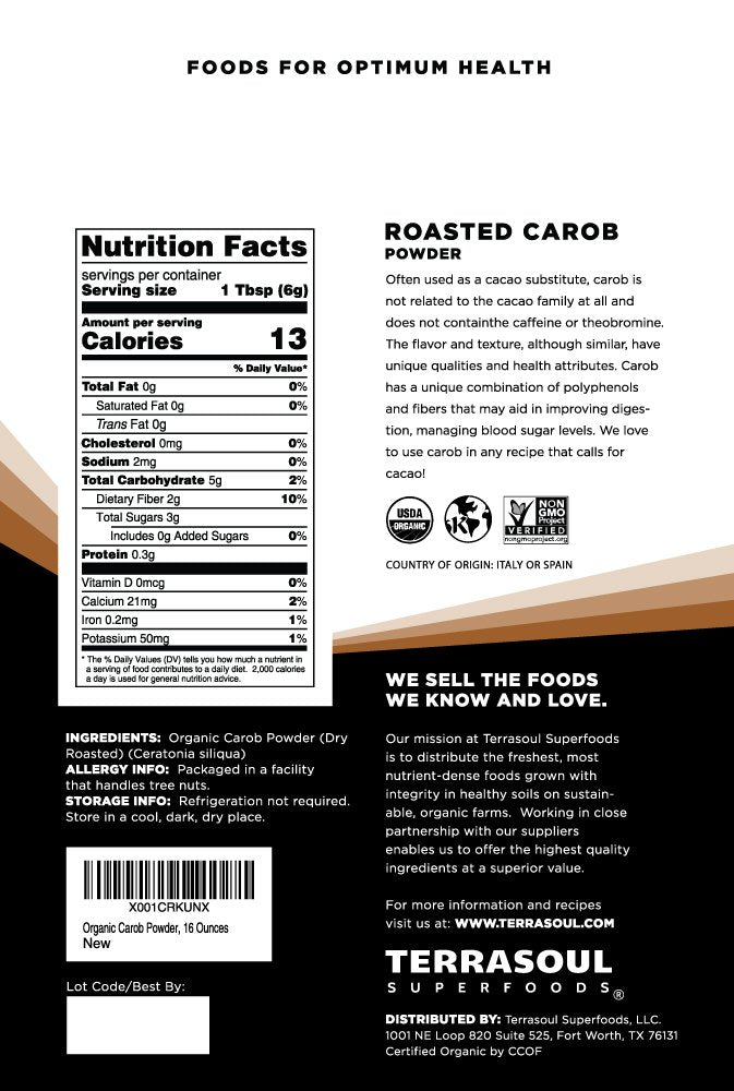 Terrasoul Superfoods Organic Carob Powder - High in Fiber, 1 Lb, Cocoa Powder Alternative