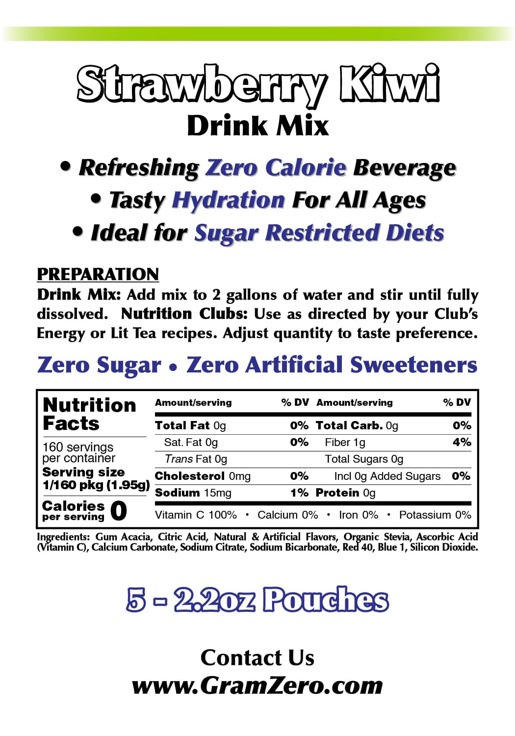 Gramzero Strawberry Kiwi Sugar Free Drink Mix Sports Pack, Great For Nutrition Club Loaded Teas, Zero Calorie, Stevia Sweetened