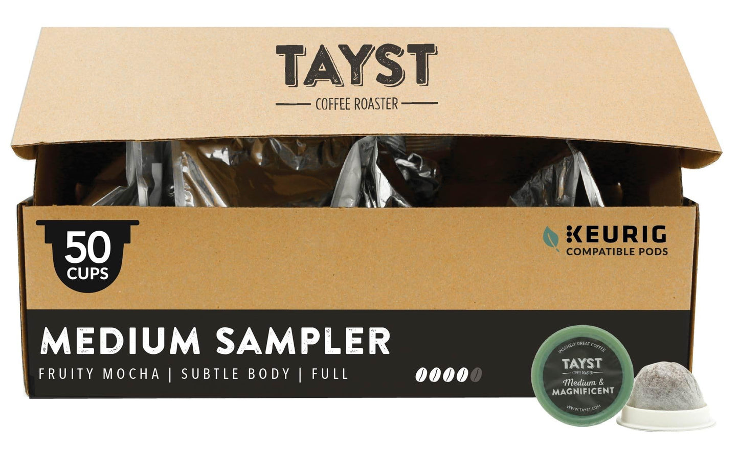 Tayst Coffee Pods Medium Roast, K Cups Compatible, Sustainable, 50 Count, Brown