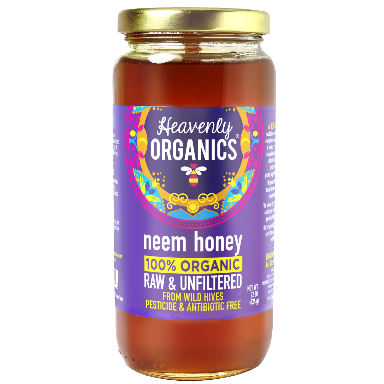Heavenly Organics Raw Neem Honey - 22 Oz Jar, Lightly Filtered, Organic, Gluten-Free, Kosher, Non-GMO