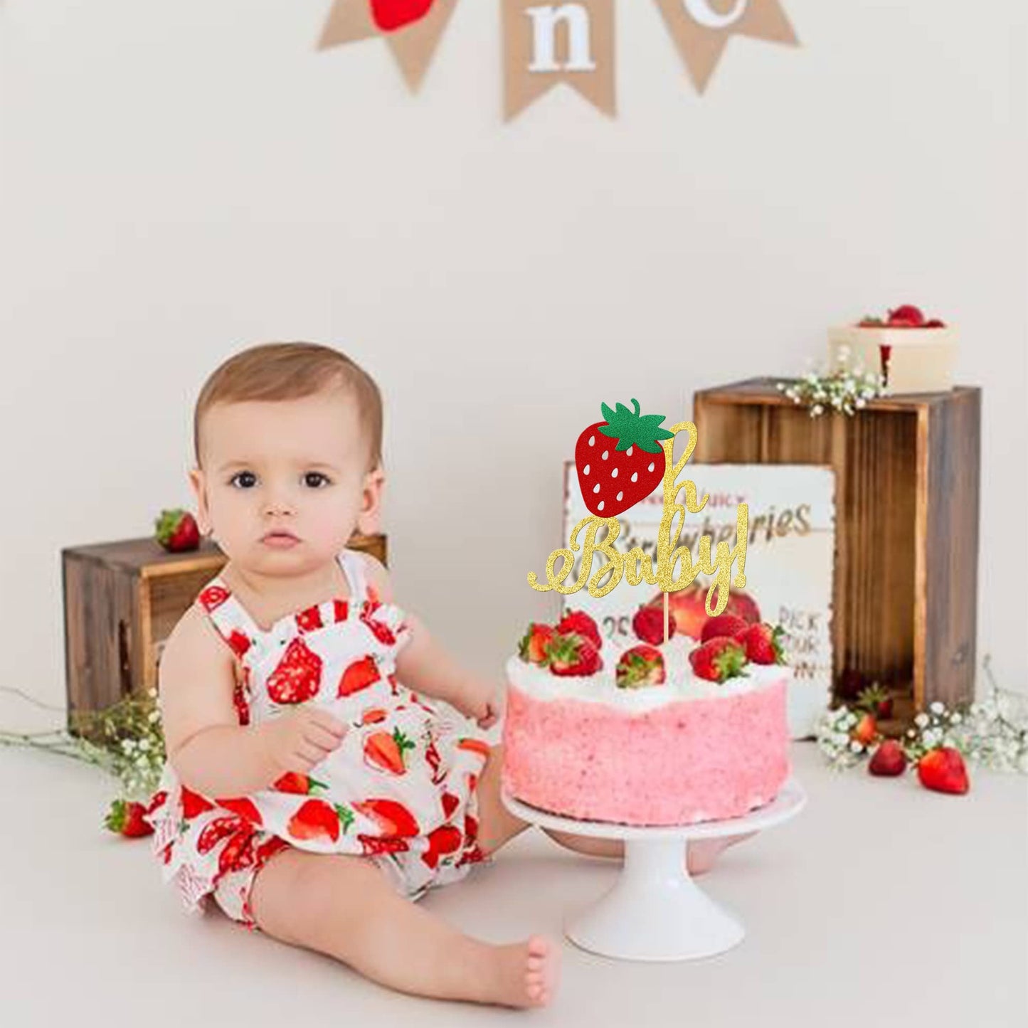 1 Pcs Strawberry Oh Baby Cake Topper Glitter Baby Shower Strawberry Cake Pick Decorations For Fruit Theme Gender Reveal Baby Sho