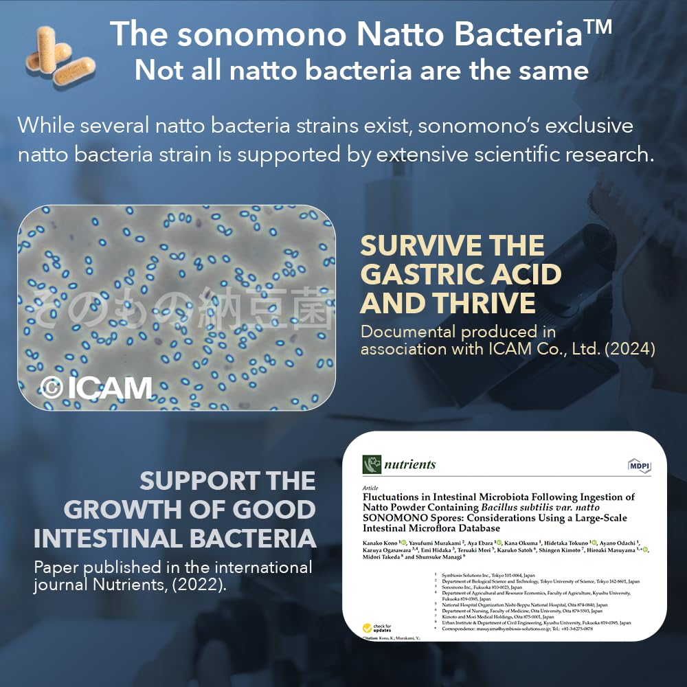 sonomono Whole Natto compact pieces - Vegan, Non-GMO, 90 Caps, 1.5 Ounce, Freeze-Dried Probiotics, Additive-Free