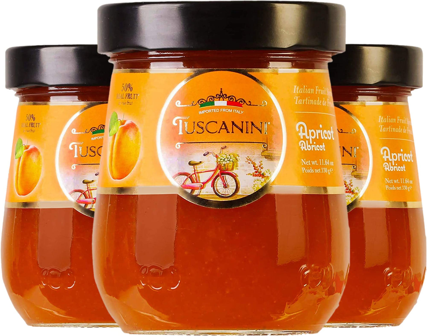 Tuscanini Premium Italian Apricot Preserves, 11.64 Oz Jar (3 Pack) 50% Real Fruit | Spreadable Fruit Jam | No High Fructose Corn