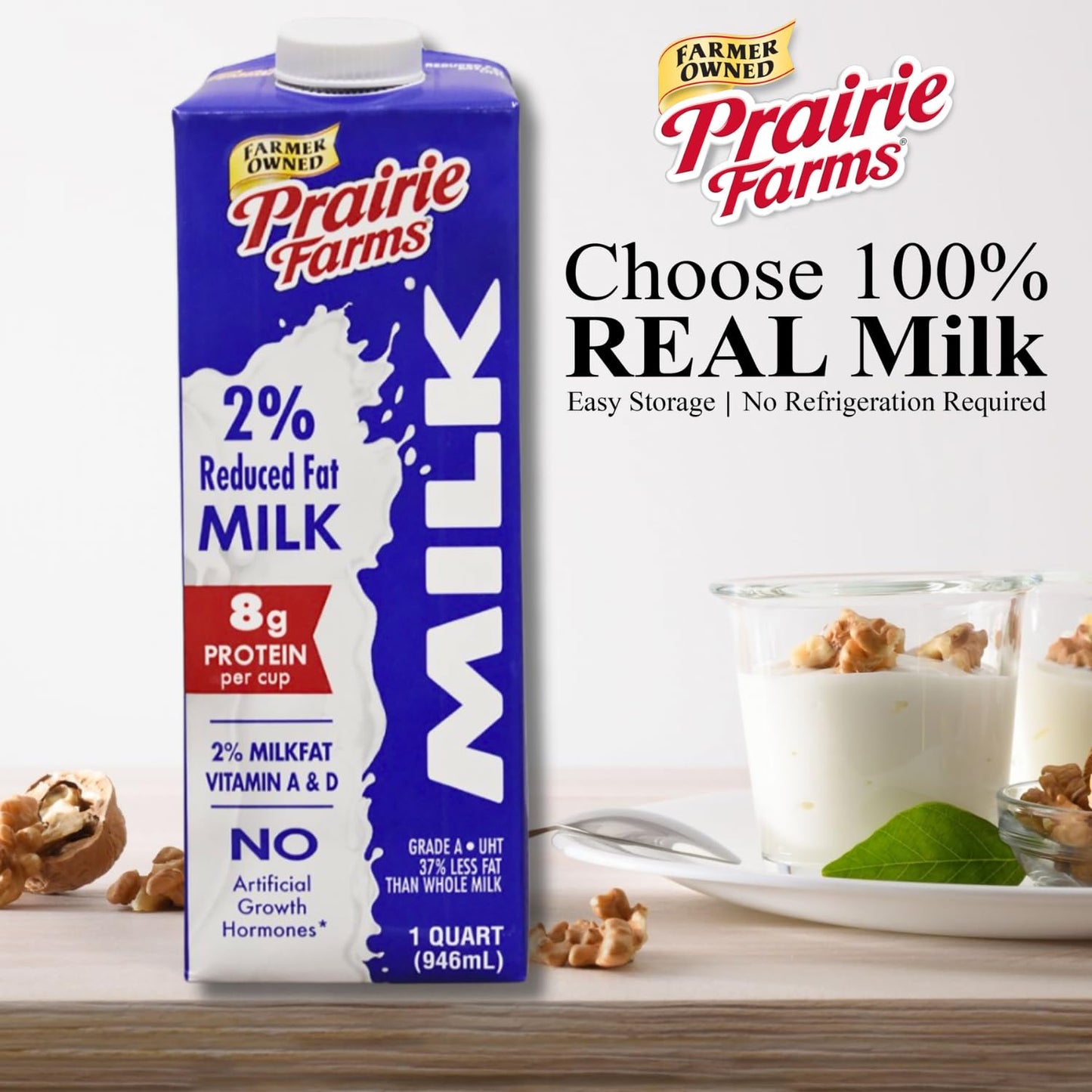 Prairie Farms 2% Reduced Fat Shelf Stable Milk, UHT, Vitamin D, Gluten Free, 32 Fl Oz (1 Quart)
