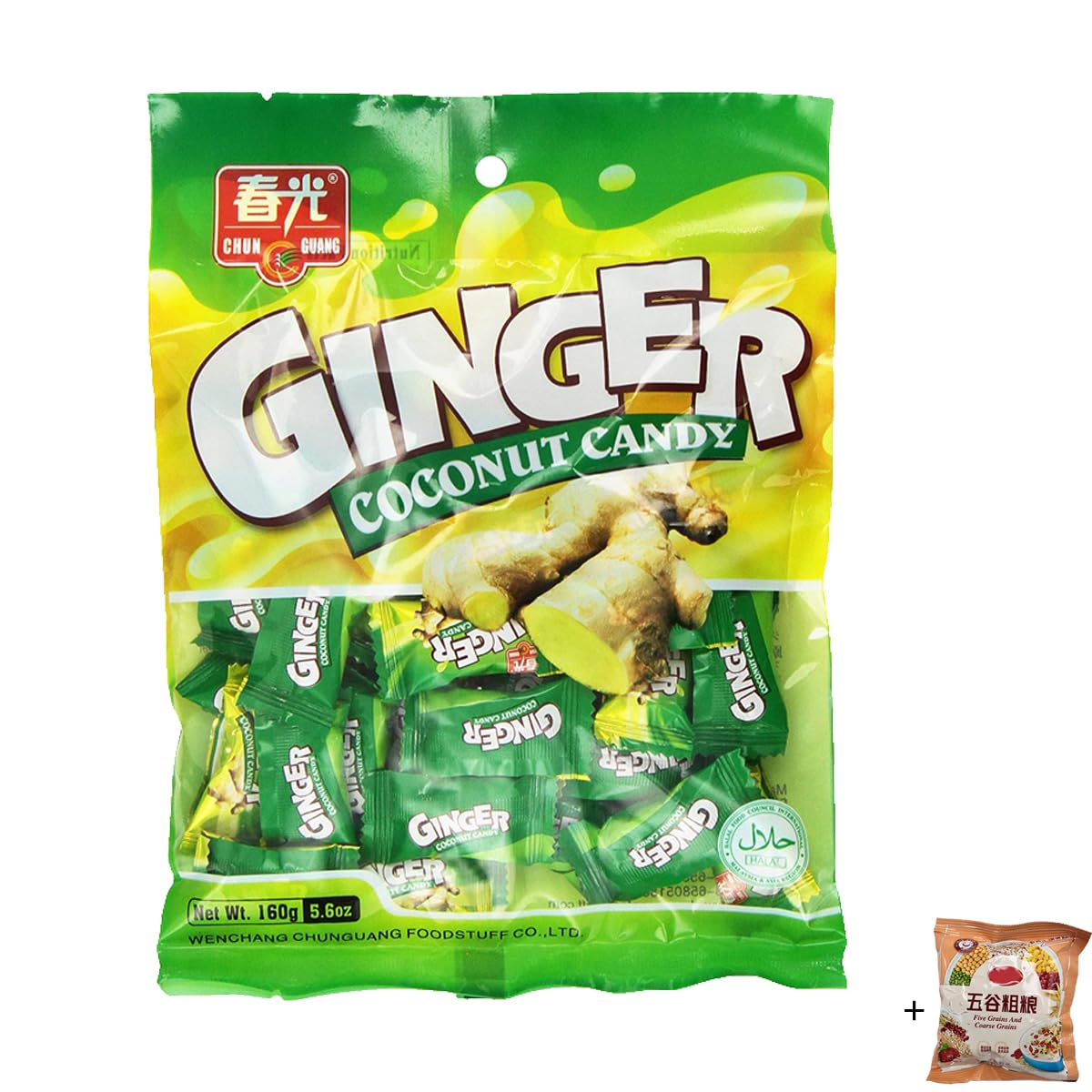 Ginger Coconut Candy 5.6oz (1pack, green),Comes with a small packet of cereal drinks as a bonus(Taste random)