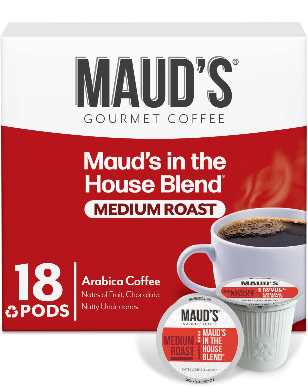 Maud's Medium Roast Coffee Pods, 18 ct, Recyclable Single Serve Pods - 100% Arabica Coffee, Compatible with Keurig K Cups Maker