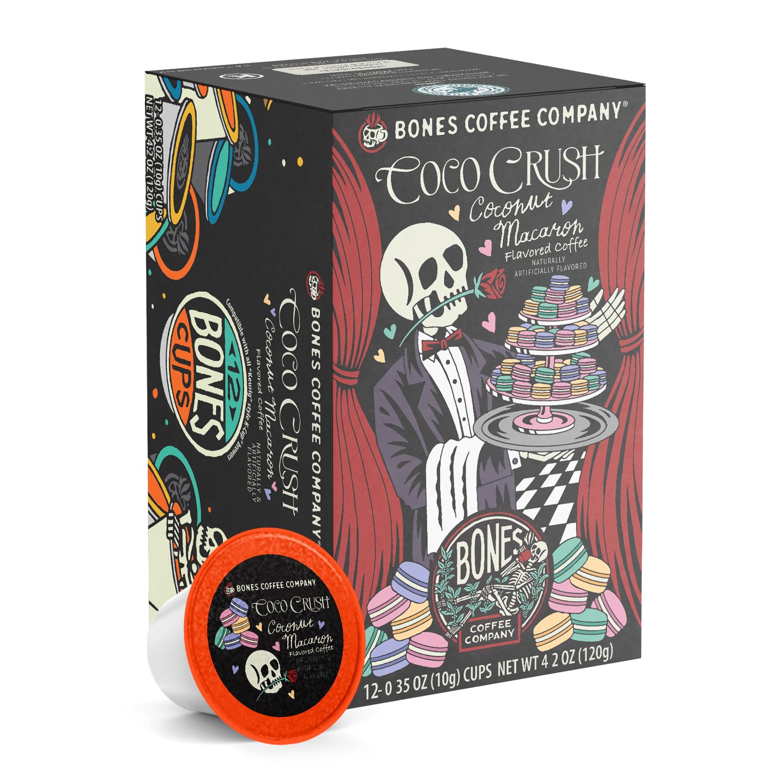 Bones Coffee Company Coco Crush  Coconut Macaron Flavored Coffee Pods  Low Acid Medium Roast Single-Serve Bones Cups  Compatible With 1.0 & 2.0 K-Cups Beverage Makers Coffee Maker  12 Count