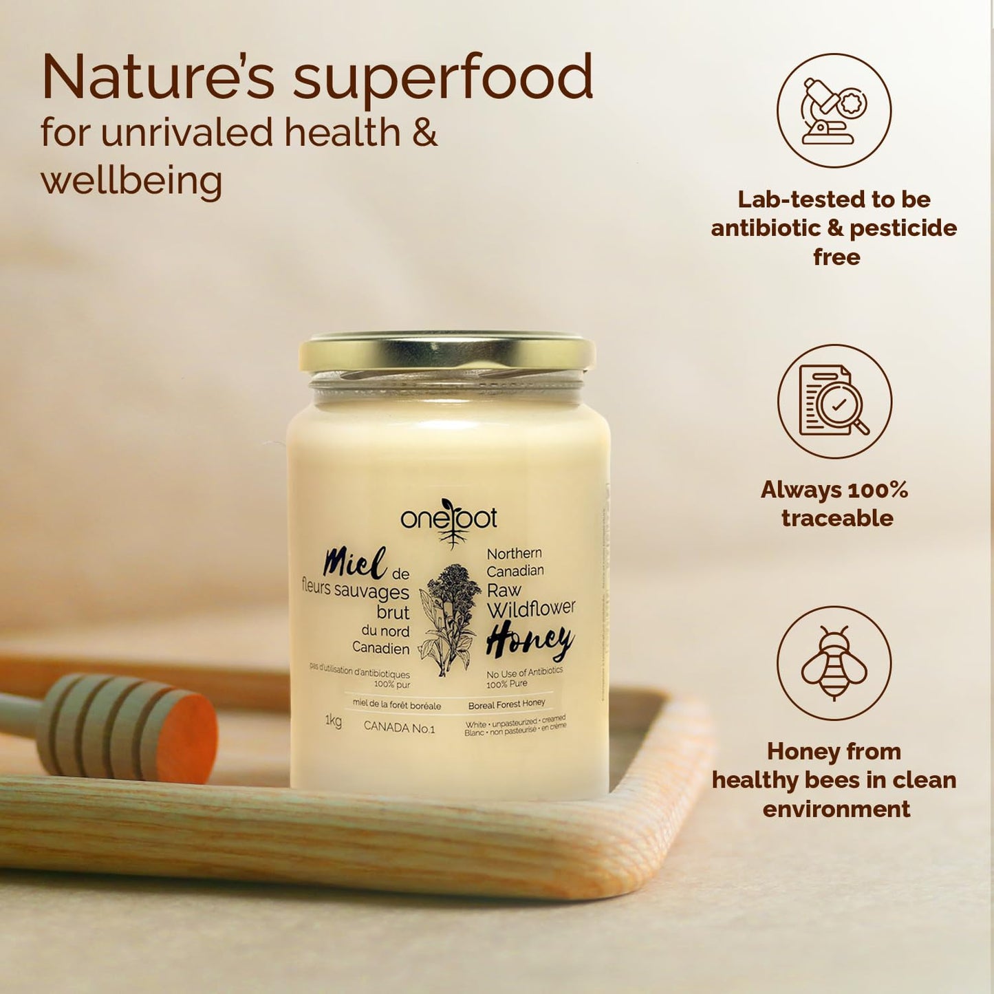 Oneroot 100% Canadian Flower Honey - 1kg / 2.2lbs, Honey Wildflower Unfiltered, Unheated & Creamed, Nutrient Rich Raw Wildflower