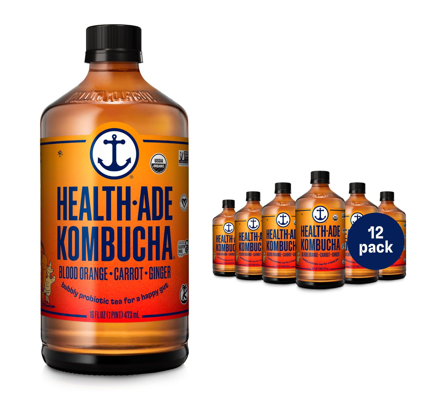 Health-Ade Kombucha Tea Organic Drink, Fermented Tea With Living Probiotics, Detoxifying Acids, Supports Gut Health, Non-Gmo, Vegan, Gluten Free, 12 Pack (16 Fl Oz Bottles), Blood Orange Carrot Ginger