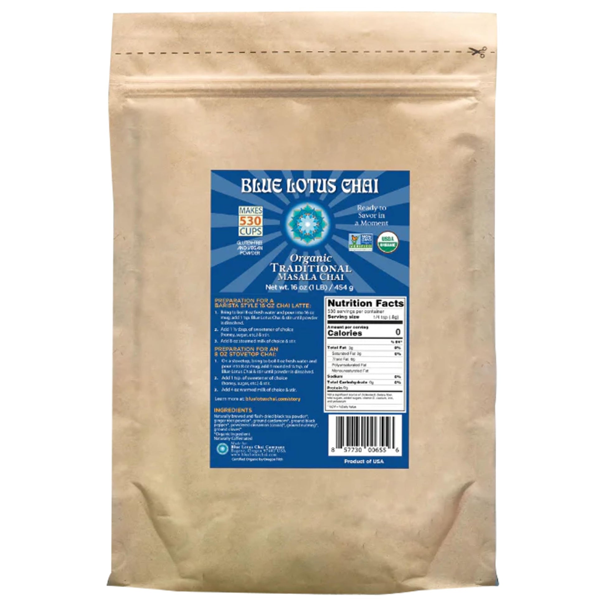Blue Lotus Chai - Fully Organic Traditional Masala Chai - Makes 530 Cups - 1 Pound Bulk Bag Masala Spiced Chai Powder with Organ