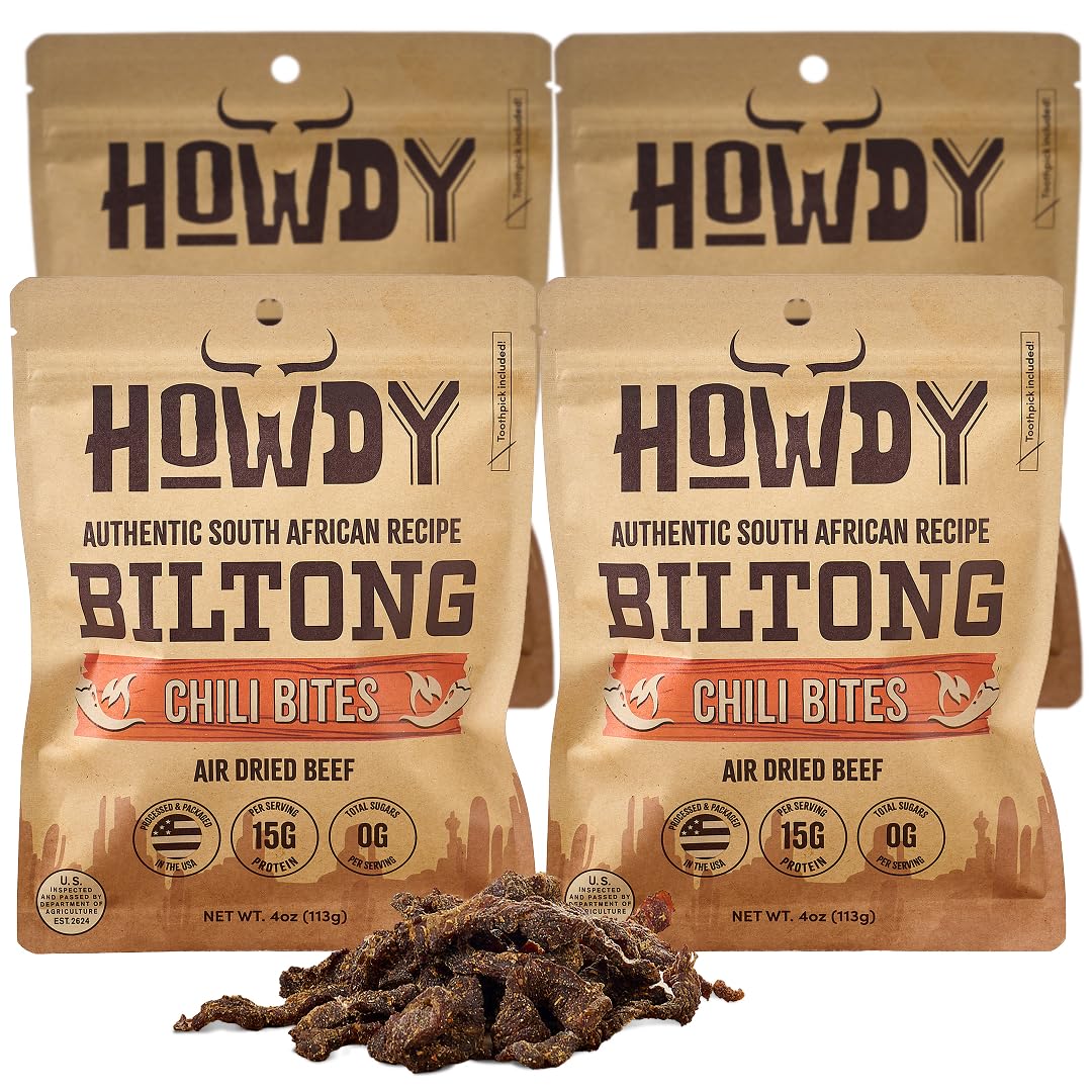 Howdysnax Biltong Chili Bites – 4 Pack (16 Oz Total) – Bulk Spicy Beef Snack • High-Protein • Keto & Paleo • No Preservatives • Made In Usa