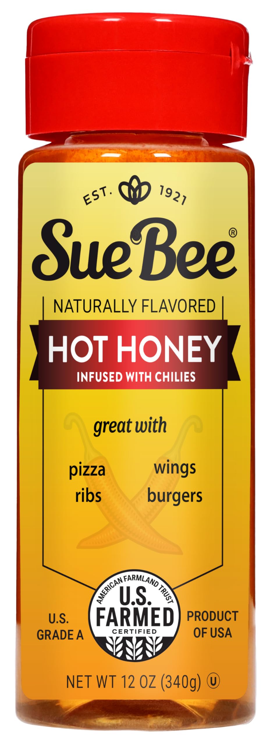 Sue Bee Hot Honey Infusion, Chili Infused, 12 Ounce, Ideal for Ribs, Wings, Burgers
