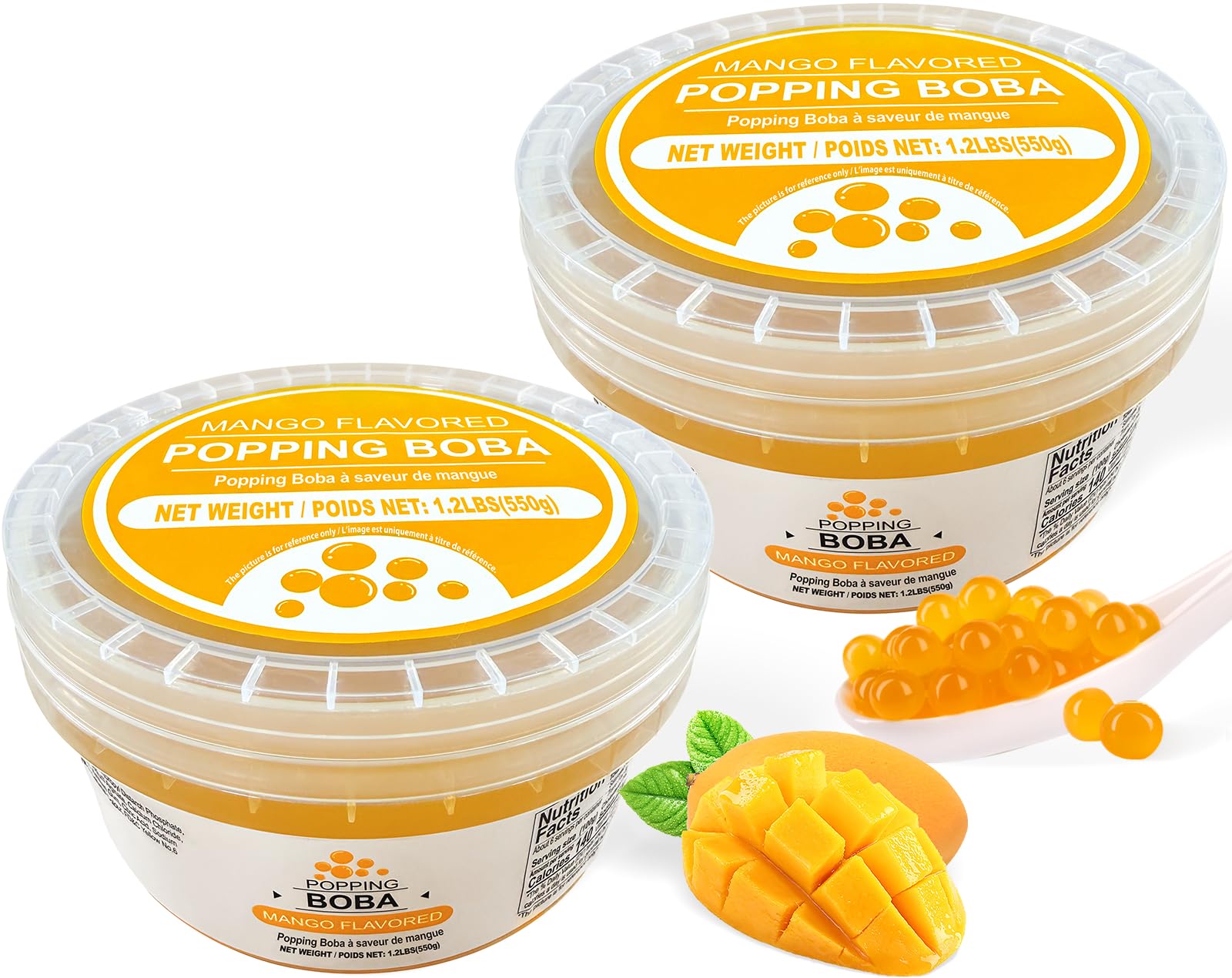 Soeos Mango Popping Boba, 1.2lbs (550g) Pack of 2, Mango Flavor Pearls for Bubble Tea, Desserts & Drinks, Ready-to-Use Tapioca B