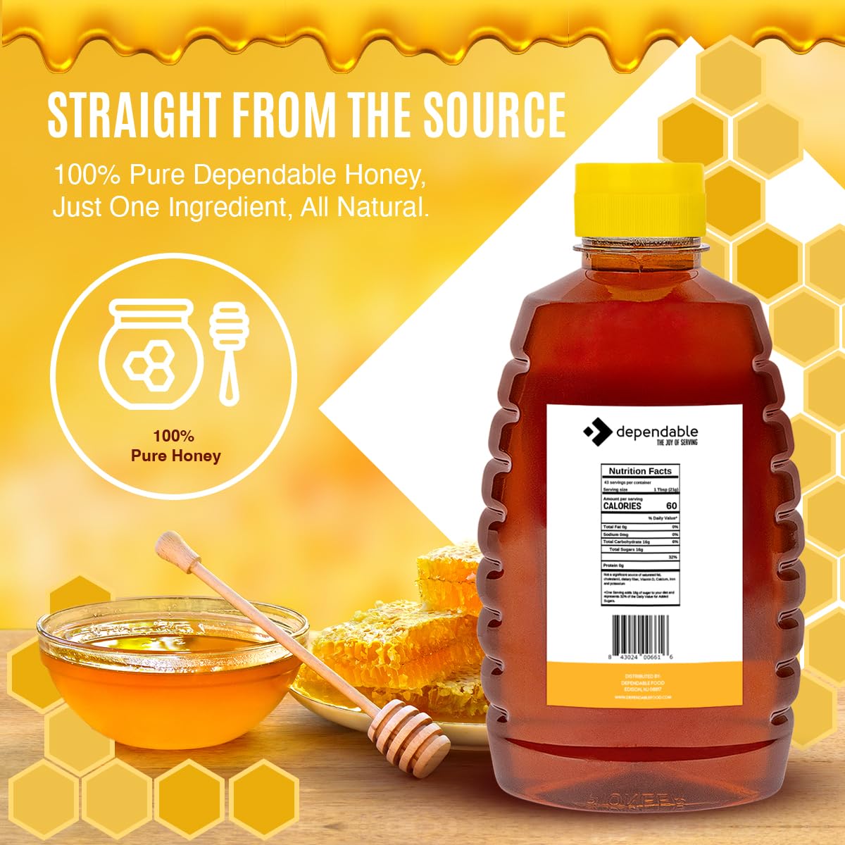 Dependable Food Raw Honey - 32 Oz. Squeeze Bottle - 100% Pure, Raw, All Natural, Wildflower Honey - Hive To Bottle