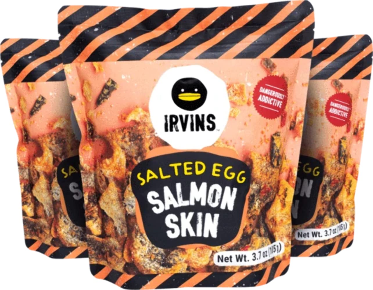 Irvins Salted Egg Salmon Skin Chips Crisps | Premium Hand Cooked | Halal | High Protein | Keto-Friendly | 3.7 Oz (Pack Of 3)