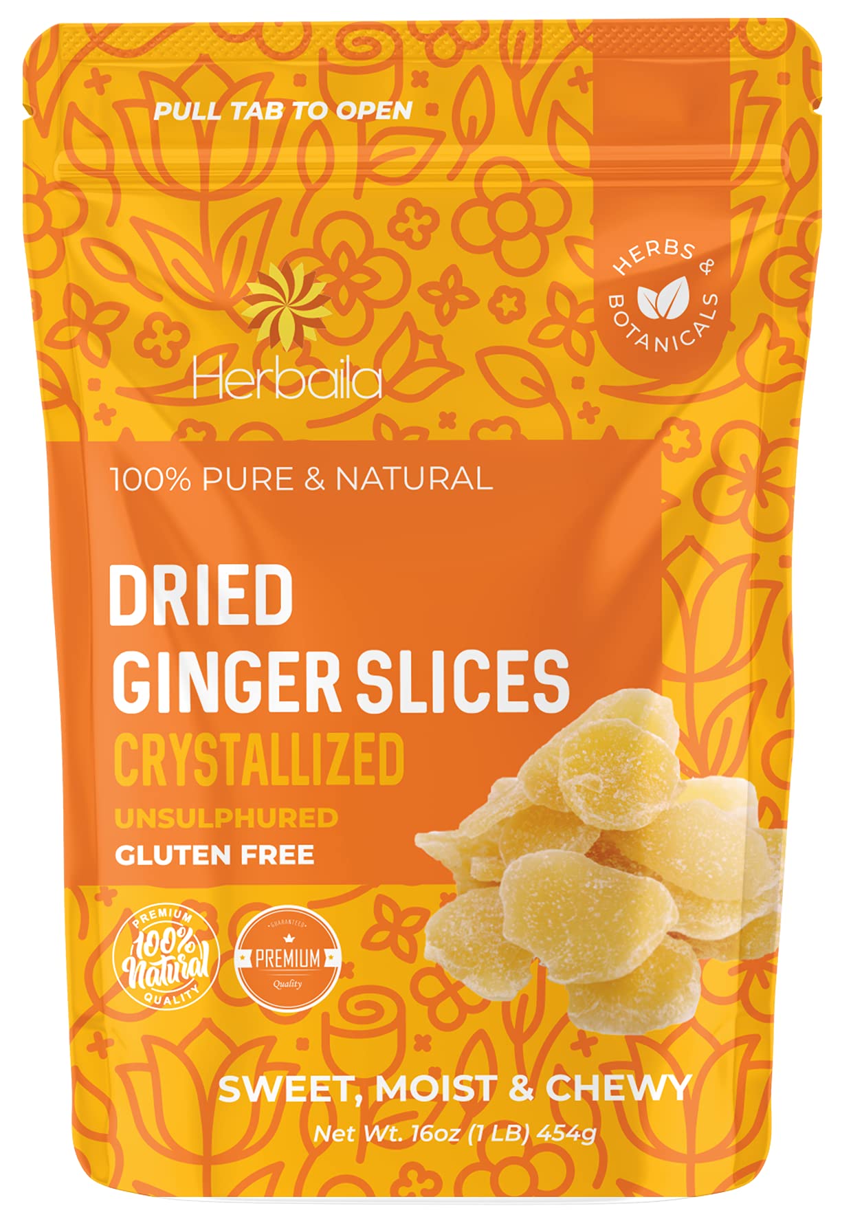 Herbaila Dried Crystallized Ginger Slices 16 Oz. Unsulphured Dried Ginger Candy, Crystalized Ginger Pieces. All Natural, Non-Gmo
