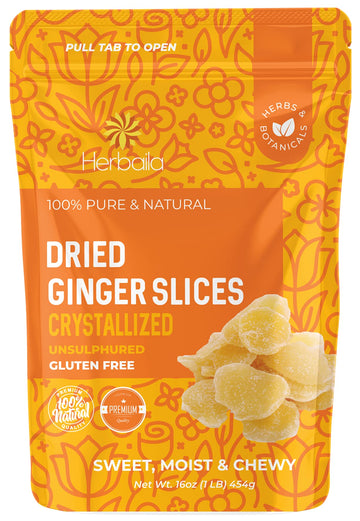 Herbaila Dried Crystallized Ginger Slices 16 Oz. Unsulphured Dried Ginger Candy, Crystalized Ginger Pieces. All Natural, Non-Gmo