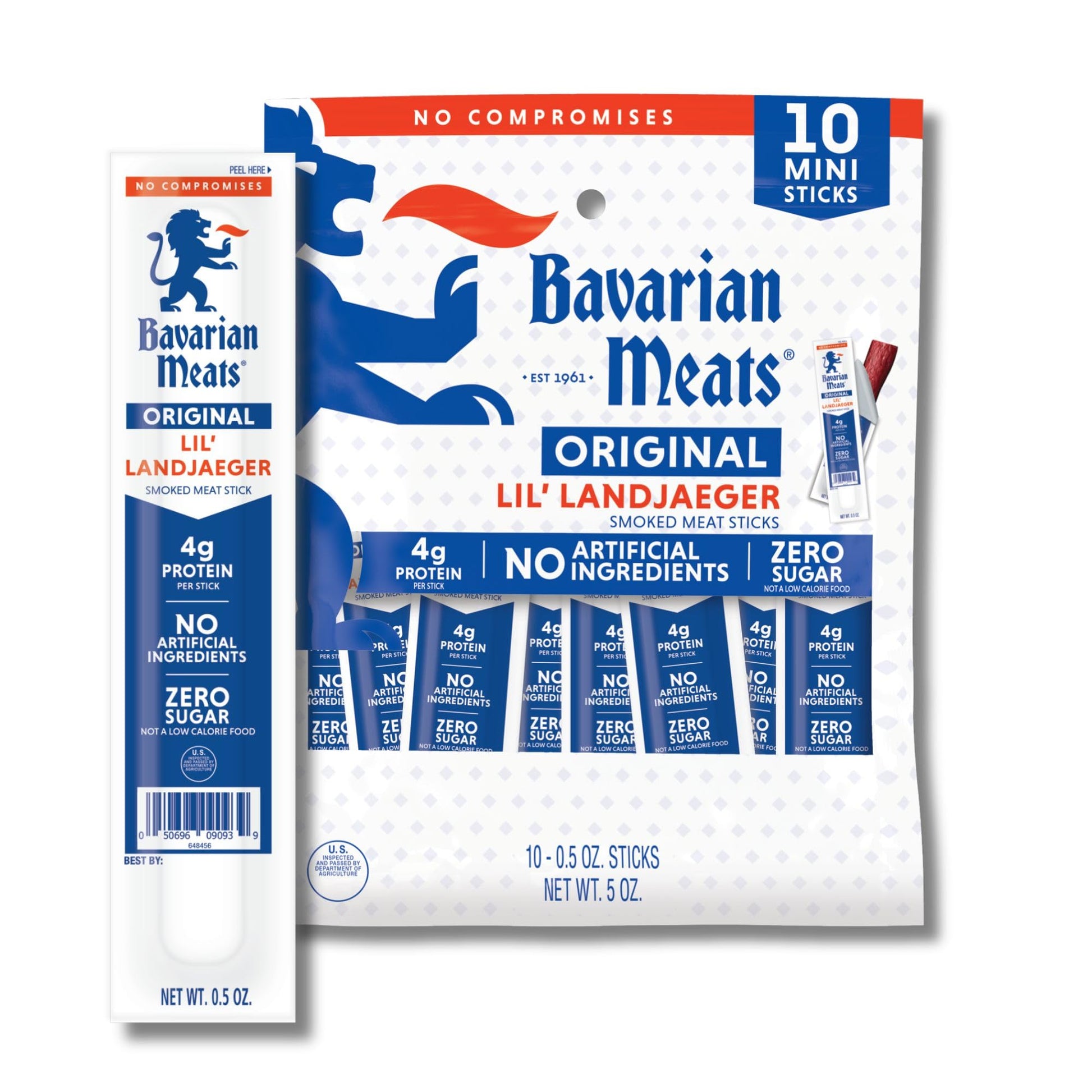 Bavarian Meats Lil Landjaeger Meat Sticks, Individually Wrapped Smoked Sausage Protein Snacks, Zero Sugar, Great Source Of Protein, Gluten Free, Keto Friendly Low Carb Snack, 0.5 Ounce (Pack Of 10)