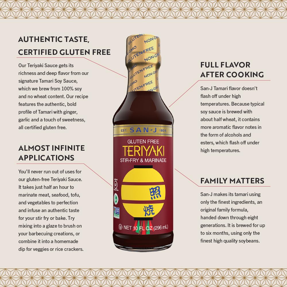 San-J - Gluten Free Teriyaki Sauce - Well-balanced Sauce for Cooking - Non-GMO - 10 oz. Bottle