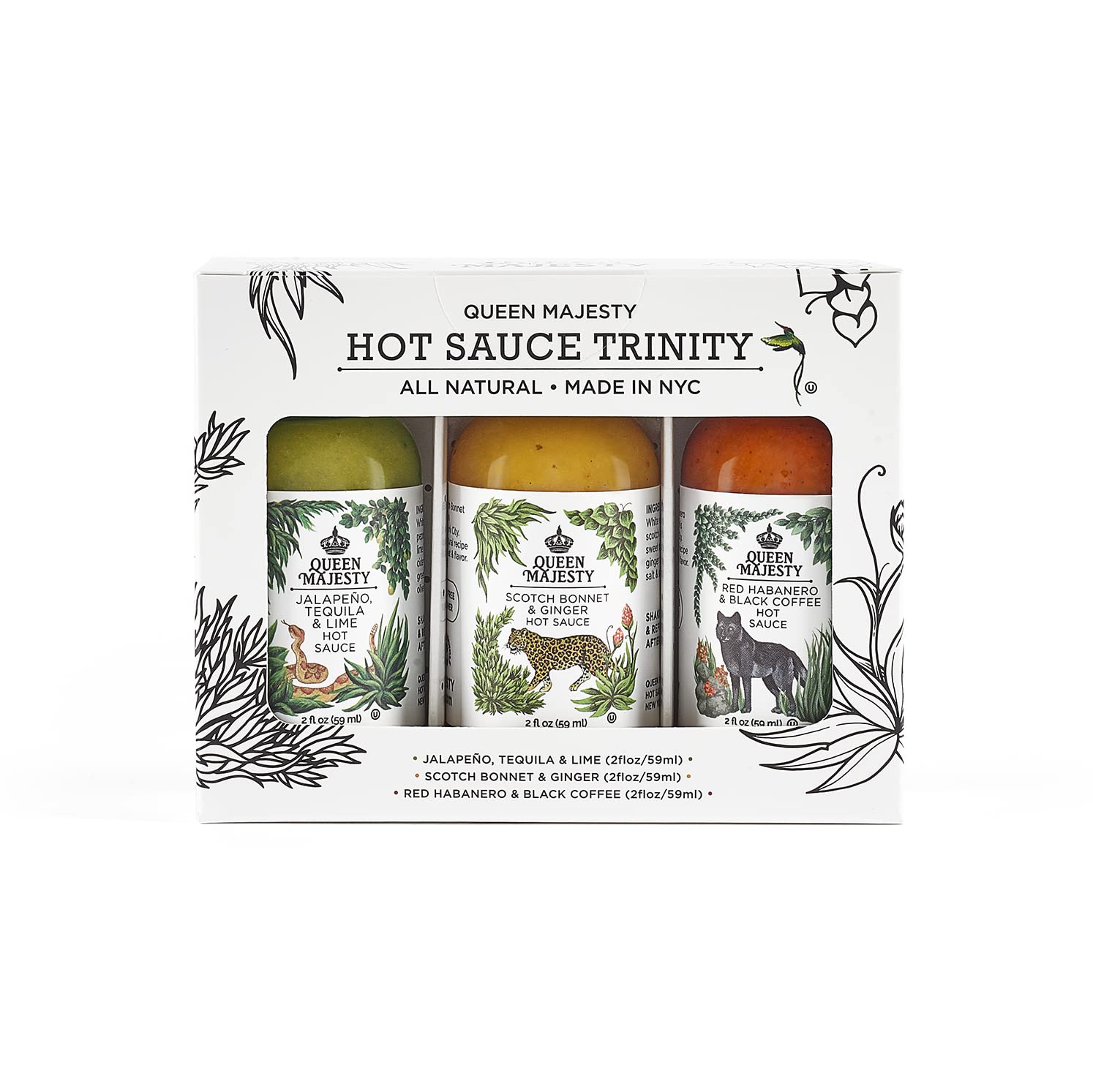 Queen Majesty Hot Sauce Sampler - Mini 2 oz (Pack of 3) - Jalapeño, Scotch Bonnet, Red Habanero - All Natural, Vegan, Gluten Free