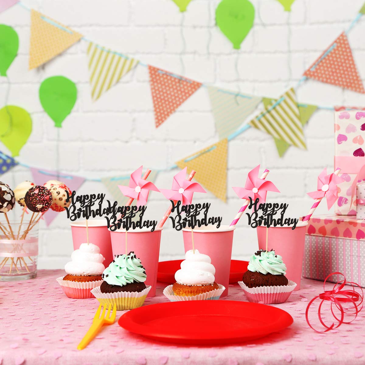 Donoter 24 Pcs Happy Birthday Cupcake Toppers Cake Picks For Birthday Party Decoration Supplies (Black)
