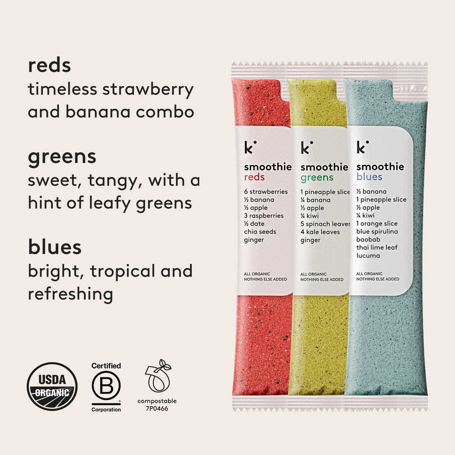 Kencko Smoothie Mix Variety Pack - 8 Instant Breakfast Smoothies - 100% Organic Fruit And Vegetable Superfoods, Natural, Healthy