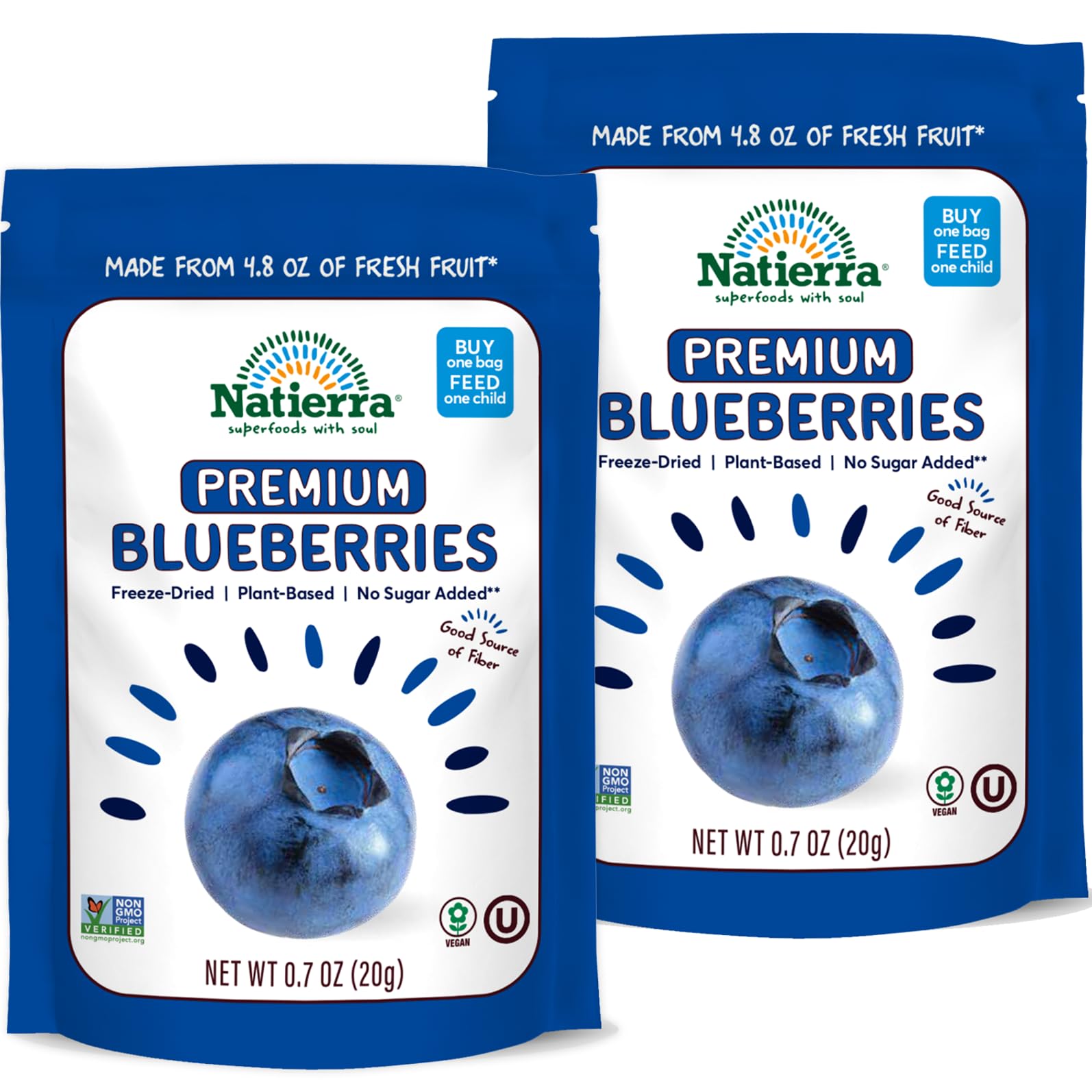 Natierra Premium Freeze-Dried Blueberries | Non-GMO & Vegan Blueberry | 0.7 Ounce (Pack of 2)