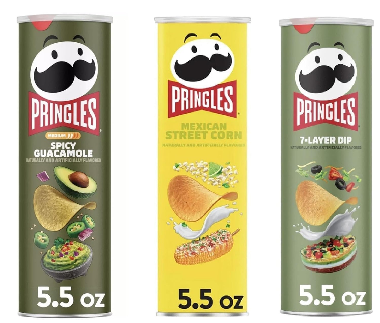 Pringles Potato Chips Trio Variety Set 5.5oz - 3 cans (Spicy Guacamole, Mexican Street Corn, 7-Layer Dip)