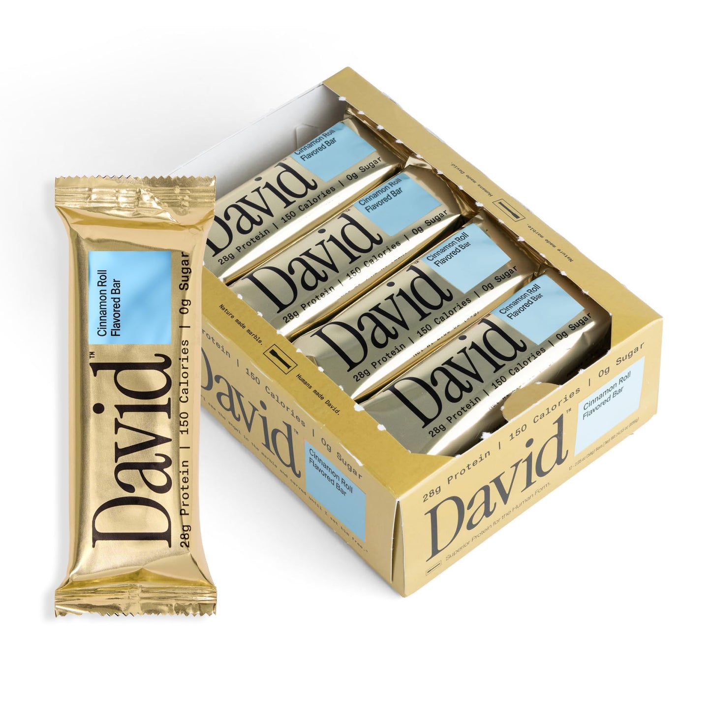 David Protein Bar, Cinnamon Roll Flavor, 28g Protein, 150 Calories, Pack of 12 Bars