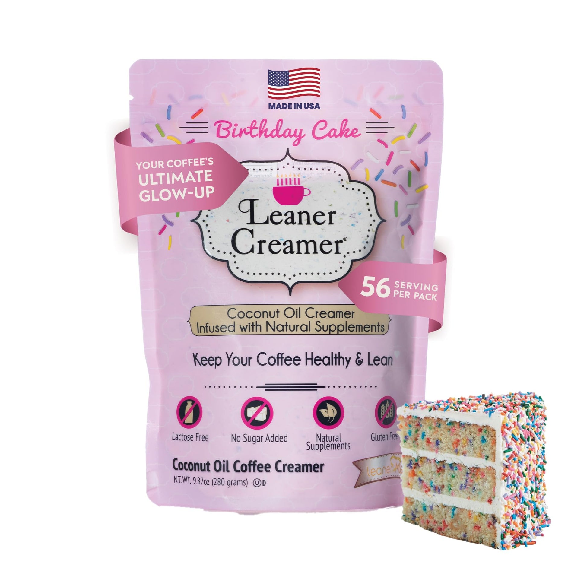 Leaner Creamer Non-Dairy Sugar Free Coffee Creamer Powder, Birthday Cake Flavor, 9.87 oz (Pack of 1)