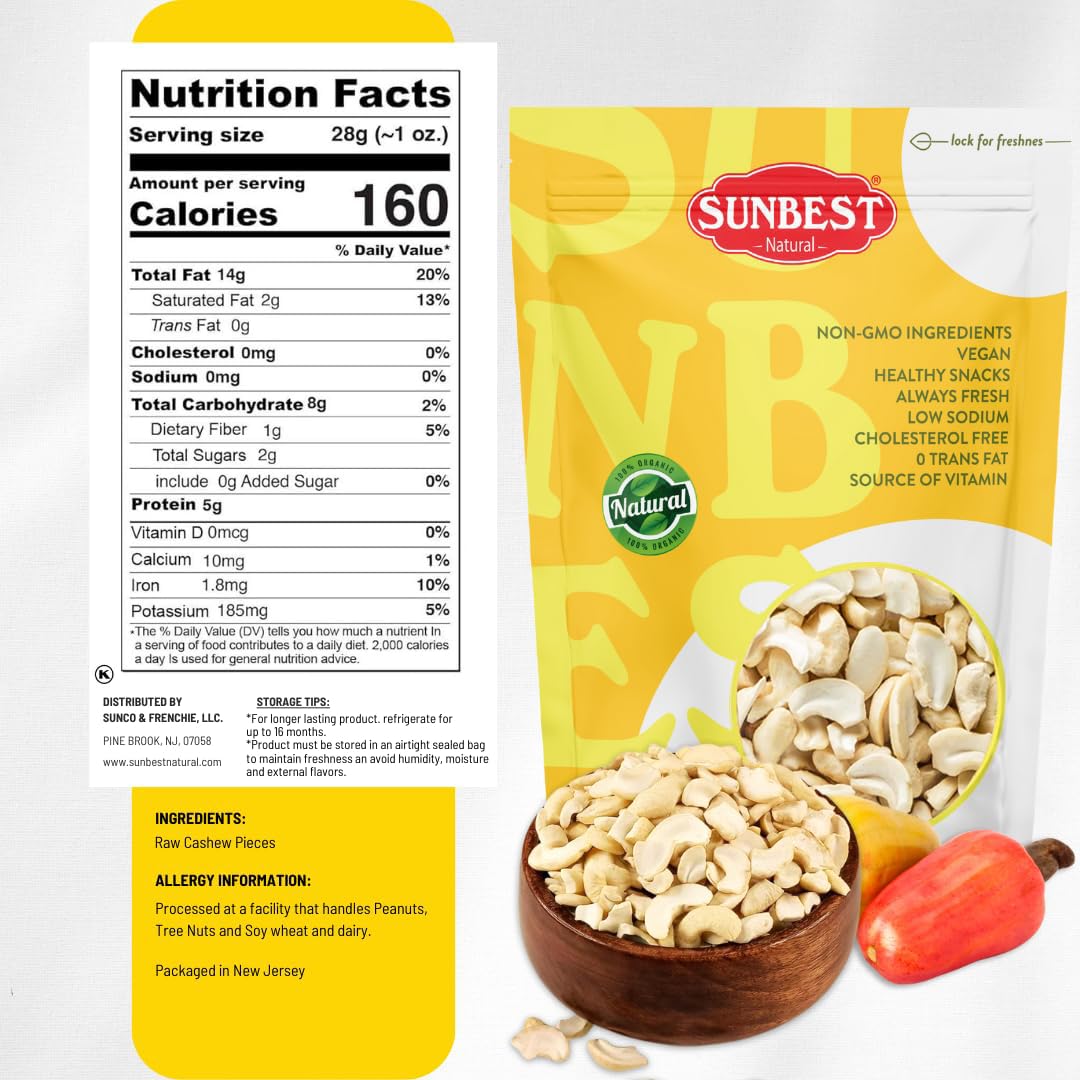 SUNBEST NATURAL Raw Cashew Pieces, Unroasted & Unsalted, 5 Lbs Bulk Resealable Bag, Non-GMO Vegan Snack