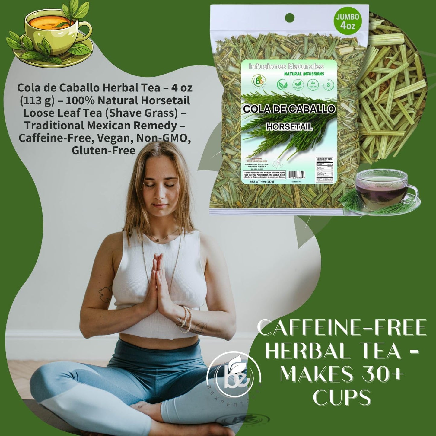 Cola de Caballo Herbal Tea - 4 oz (113 g) - 100% Natural Horsetail Loose Leaf Tea (Shave Grass) - Traditional Mexican Remedy - Caffeine-Free  Vegan  Non-GMO  Gluten-Free - by BexpertsUSA