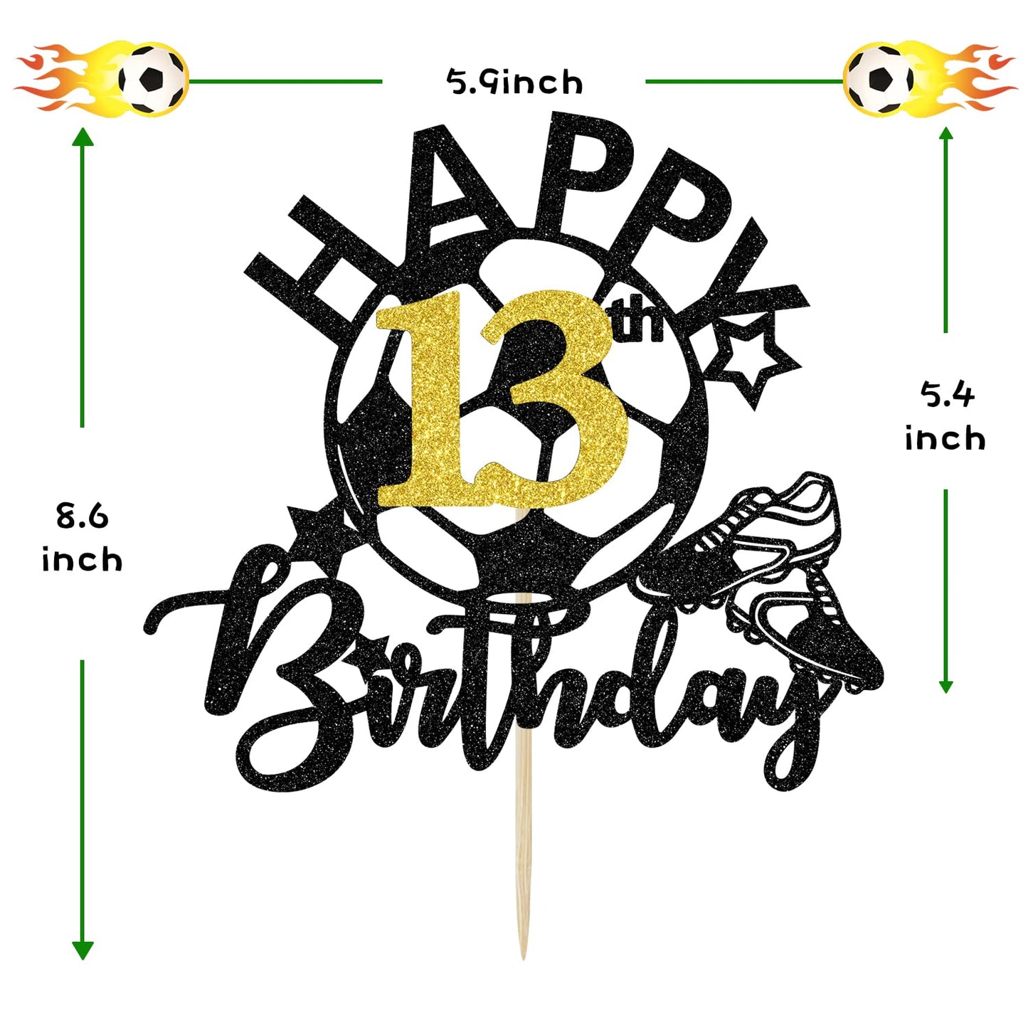 Aeryourtar Glitter Soccer Cake Topper, 13th Birthday Decorations, Paper, Soccer Theme, Party Supplies for Boys and Girls