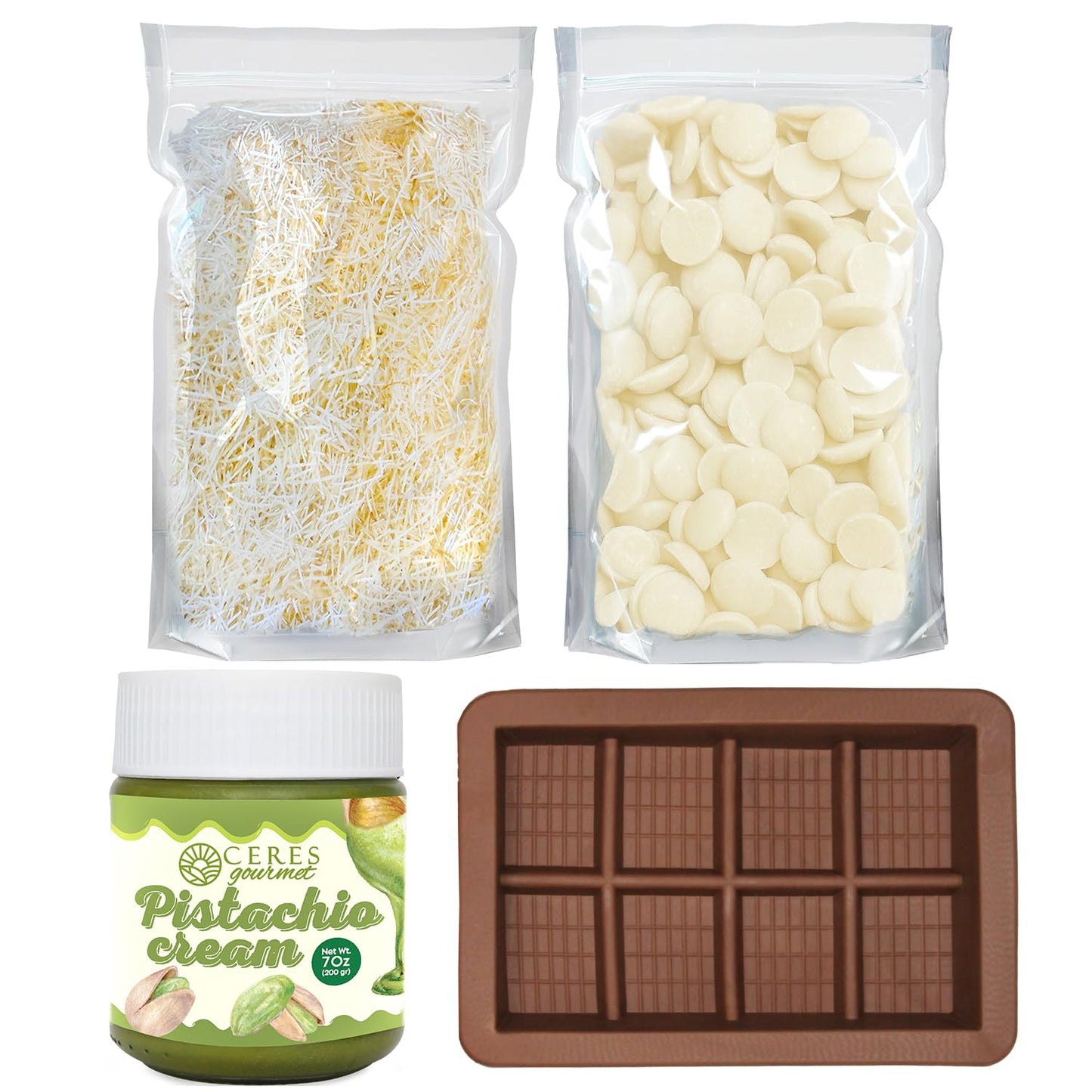Dubai White Chocolate Bar Diy Kit – Includes Reusable Mold, 12.3 Oz White Melting Wafers, 3.5 Oz Crunchy Kataifi, 7 Oz Pistachio Spread – Gourmet Gift Kit For Chocolate Lovers