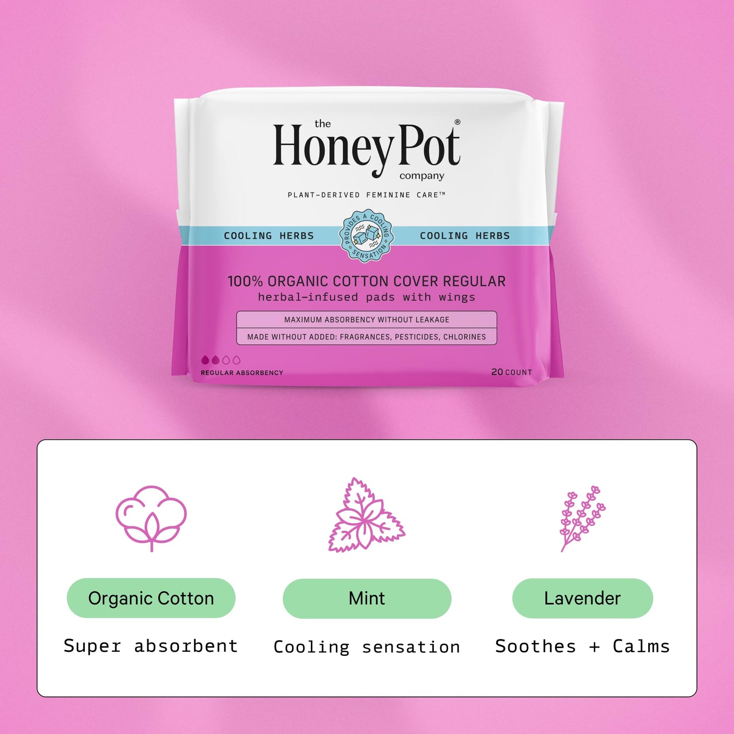 The Honey Pot Company - Herbal Sanitary Pads For Women - Regular Flow W/Wings - Infused W/Essential Oils For Cooling Effect & Organic Cotton Cover - Feminine Care - 20 Ct