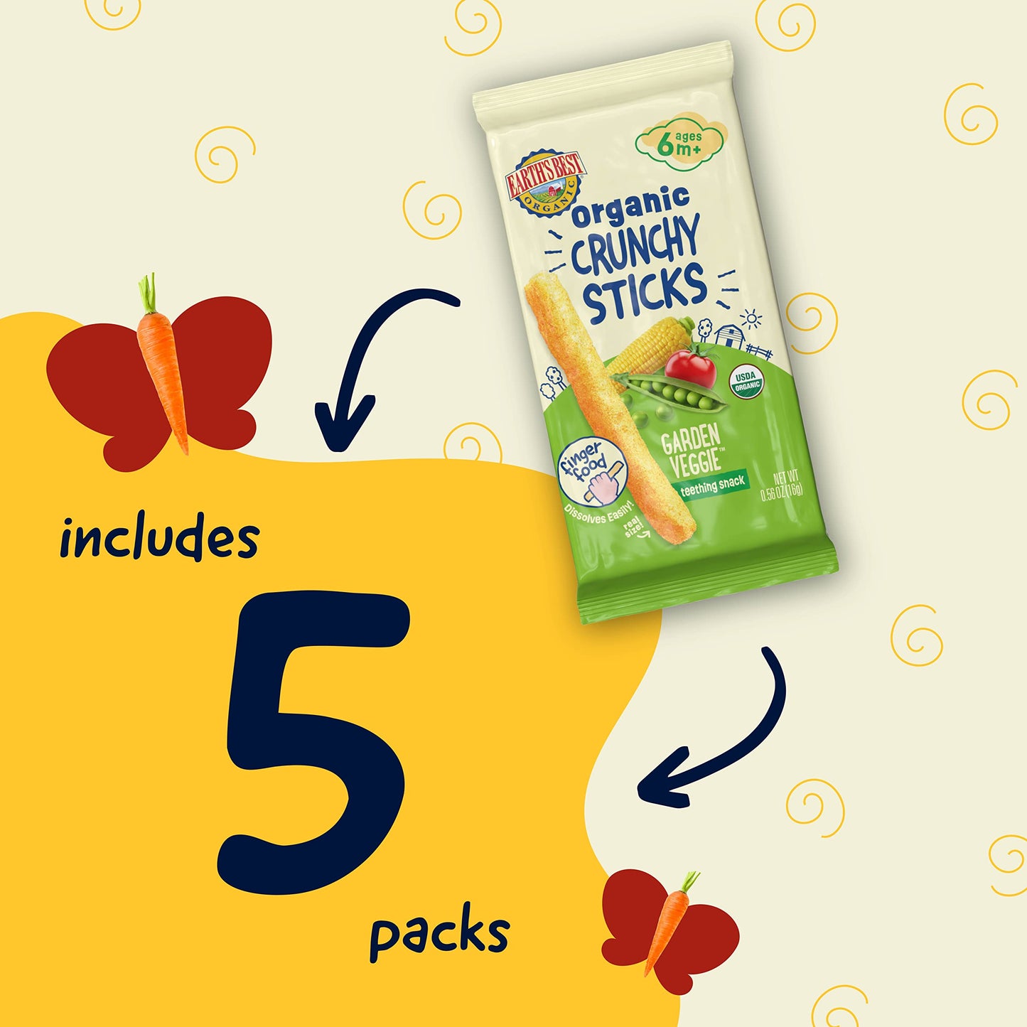 Earth'S Best Organic Baby Food, Dissolvable Teething Snack For Babies 6 Months And Older, Garden Veggie Crunchy Sticks, .56 Oz P