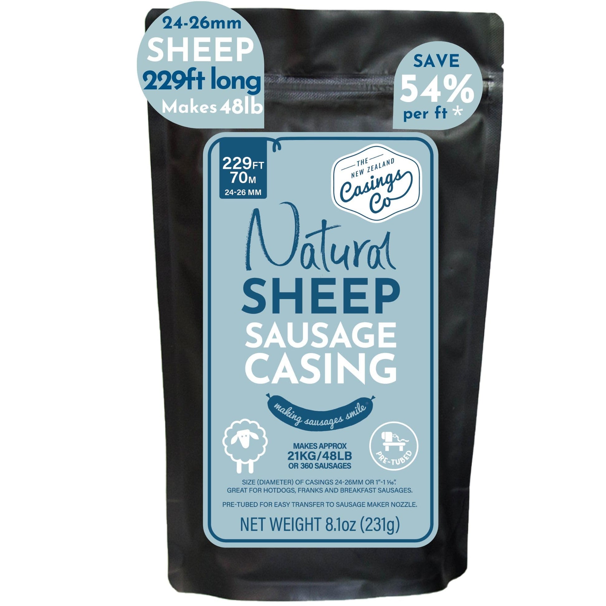 Natural Sheep Casings For Sausage Making  24-26Mm  Great Hot Dog Casing Or Sausage Casing For Merguez & Breakfast Sausage  Pre-Tubed  Edible  A Grade  Halal  From New Zealand  229  Makes 48Lb Sausages