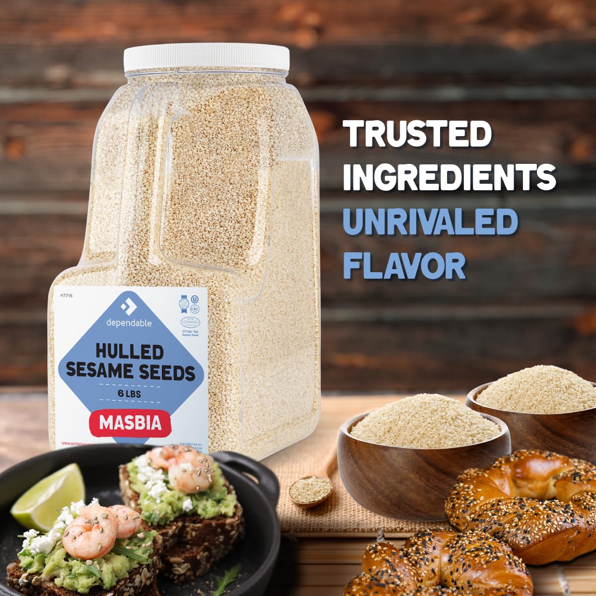 Dependable Food Hulled Sesame Seeds - 6 LB. Jar - Kosher  Raw  White Sesame Seeds Bulk - Great for Tahini - Ideal for Chefs  Restaurants & Culinary Enthusiasts - Non GMO- Natural Sesame Seed