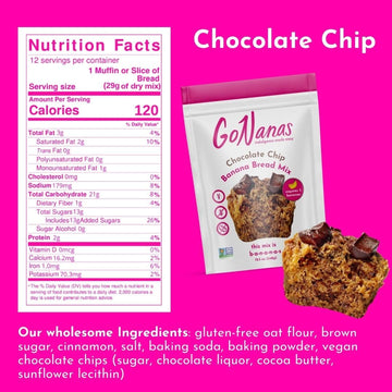 Gonanas Chocolate Chip Oat Flour Banana Bread Mix, Suitable For Plant Based Vegan Diets, Gluten Free Dairy Free Snacks, Healthy