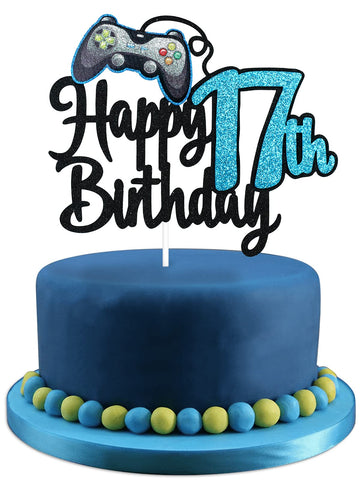 Video Game Happy 17Th Birthday Cake Topper - Video Game Boy'S 17Th Birthday Party Blue Cake Supplies - Game On Level Up Winner P
