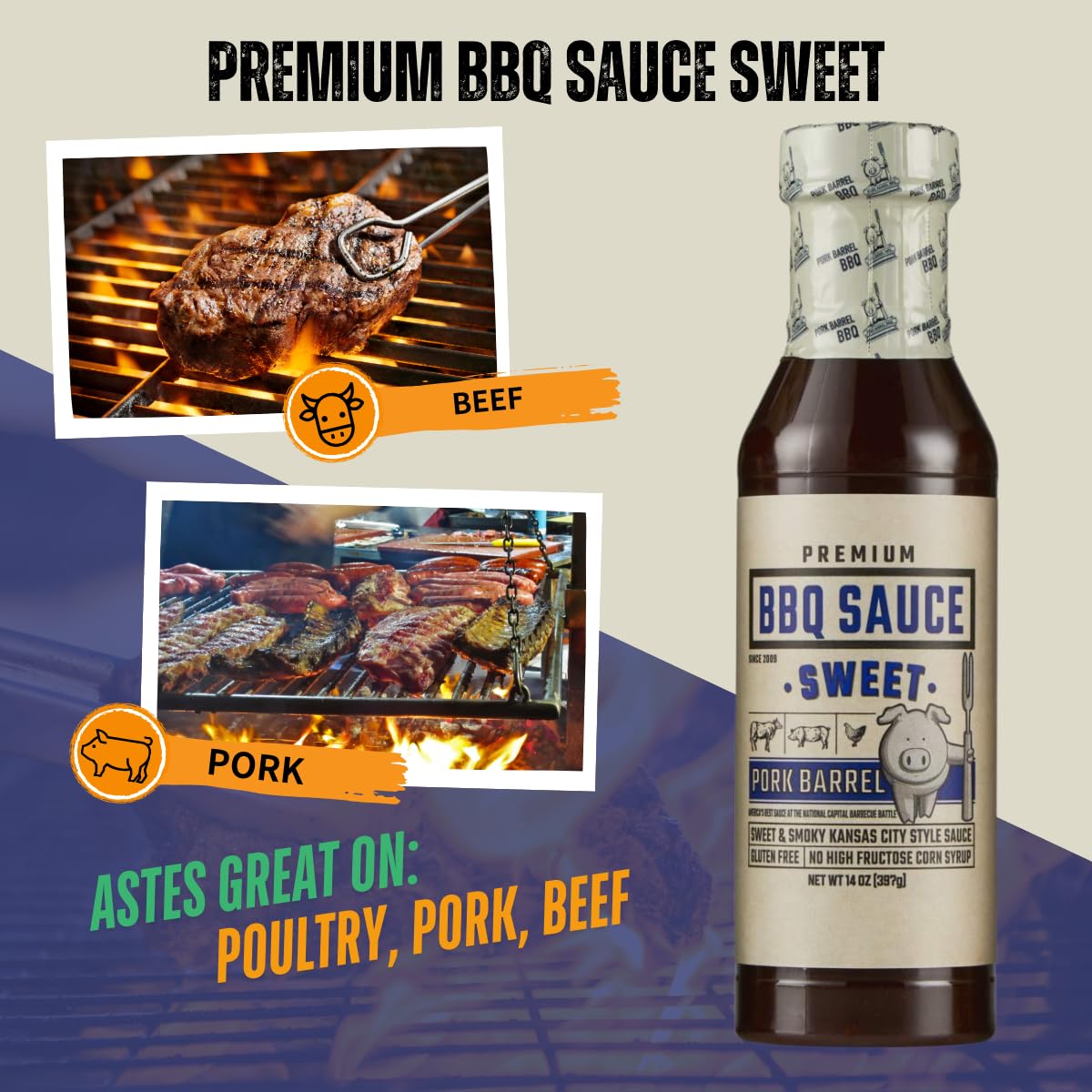 Pork Barrel BBQ Sweet BBQ Sauce | Kansas City Style | 2-Pack, 14oz | Gluten-Free, No High Fructose Corn Syrup