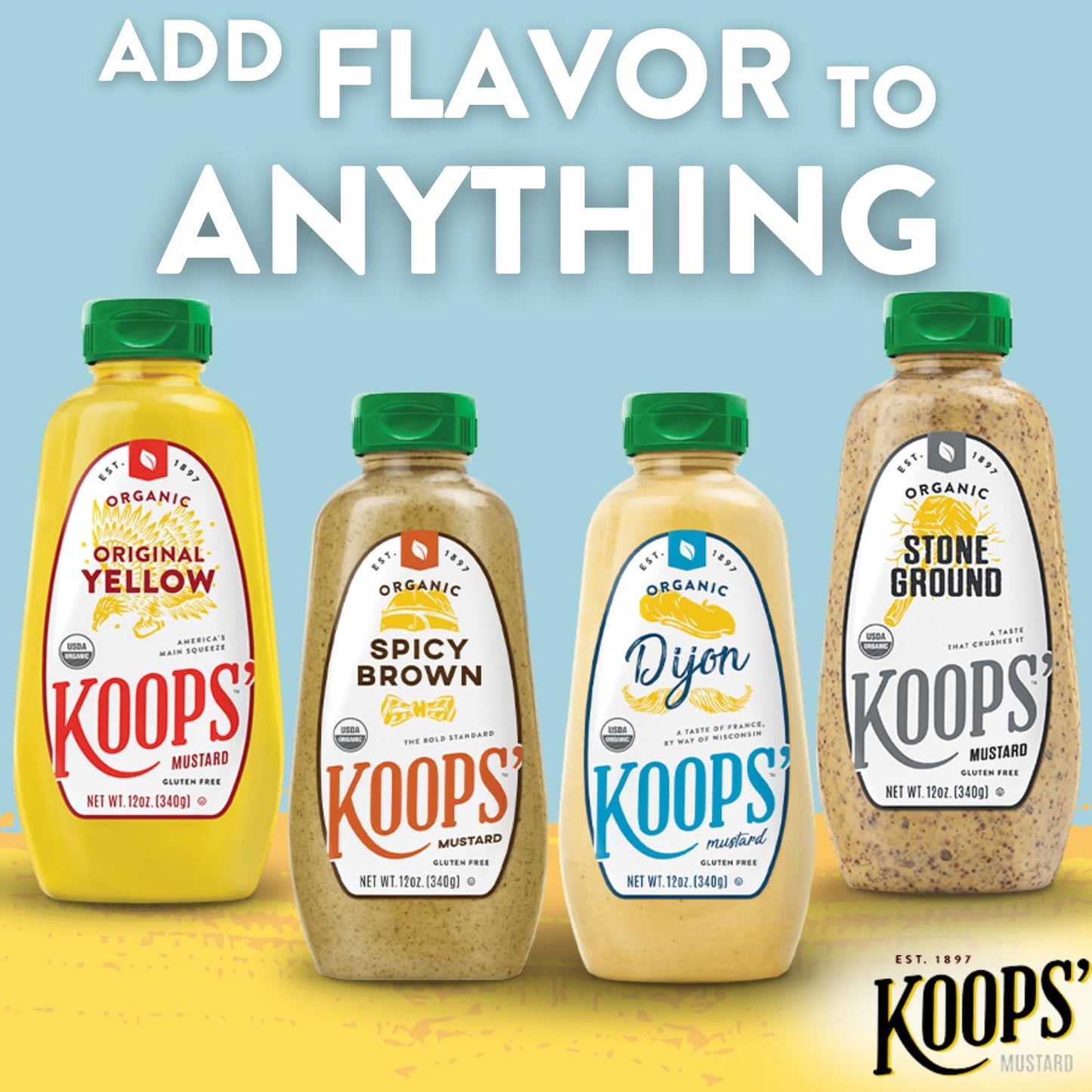 Koops Organic Mustard Variety Pack - Original Yellow, Spicy Brown, Dijon, & Stone Ground - Gluten-Free, Kosher, USDA Organic, M