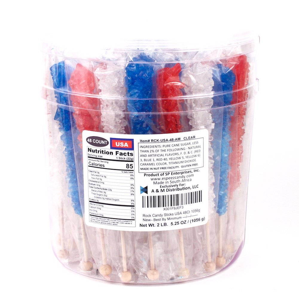 Espeez Extra Large Rock Candy Sticks, 48 Count, Red-White-Blue, Individually Wrapped for Parties and Events
