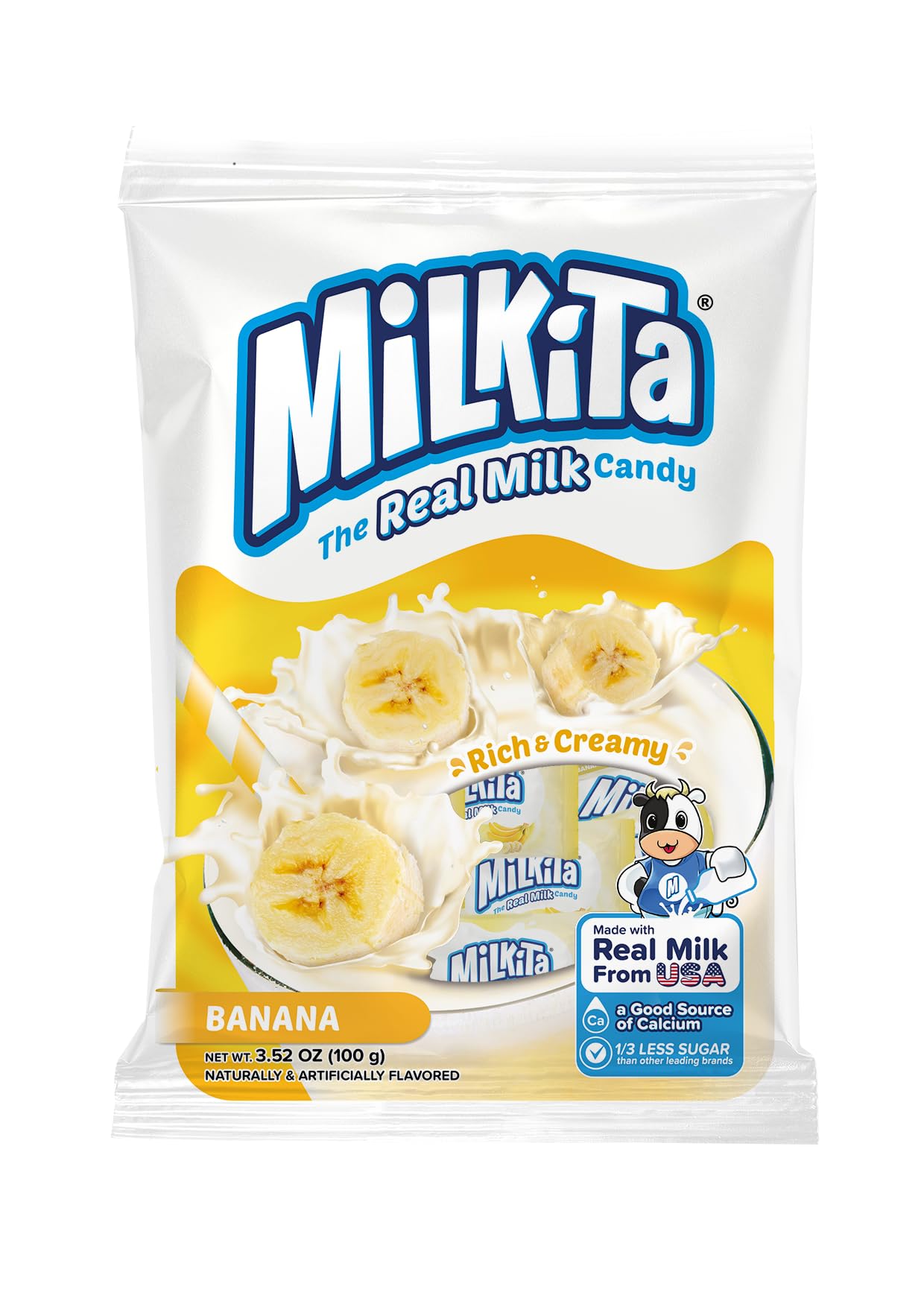 Milkita The Real Milk Candy, Gluten Free Chewy Candies With Calcium & Real Milk, Zero Trans Fat, Low-Sugar, Banana Flavor, 25 Pcs