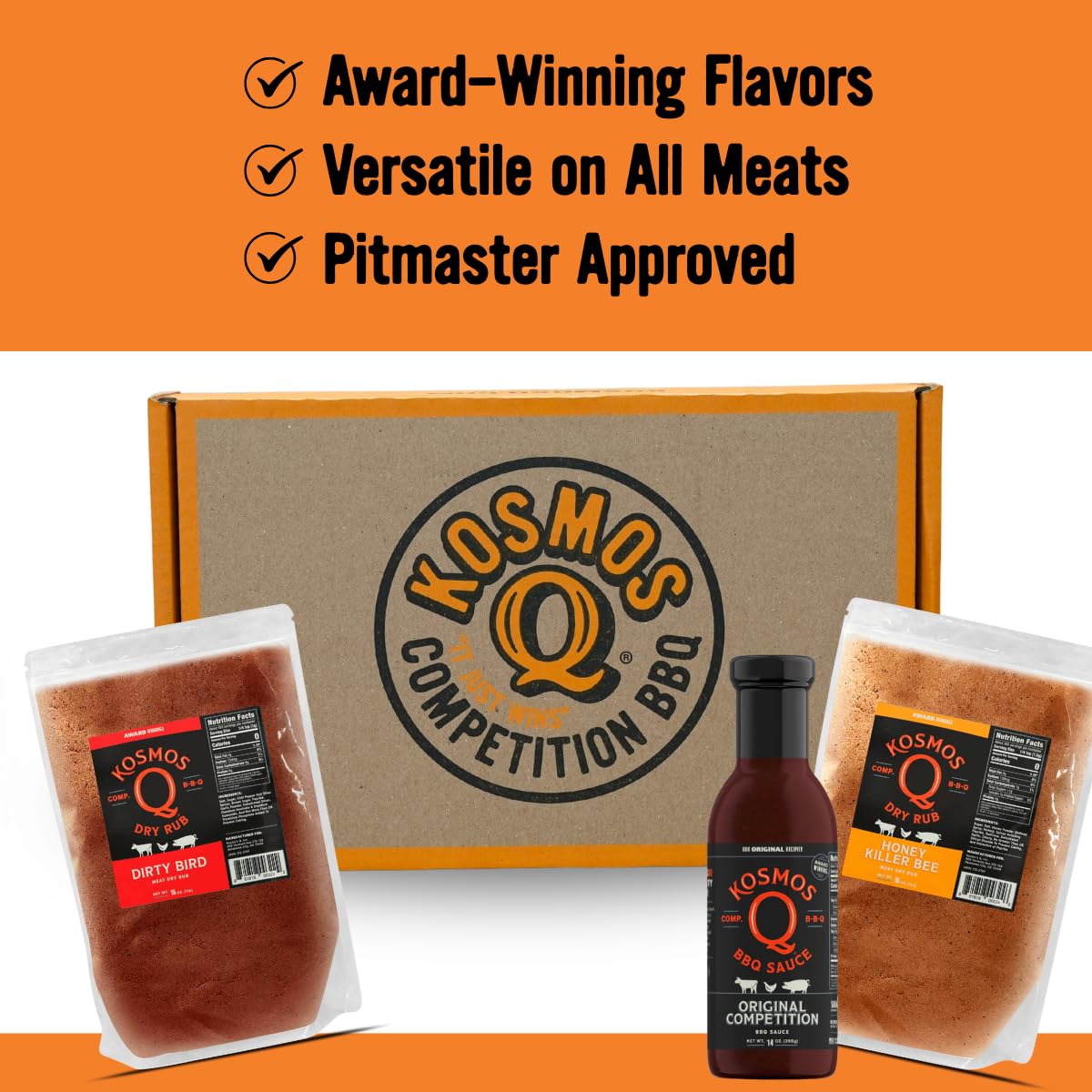 Kosmos Q Christmas Bbq Box, Original Competition Barbecue Sauce Plus Dirty Bird & Honey Kb Dry Rubs, Gift Set For Smoky Aroma & Grilling Chicken, Ribs, Pulled Pork, Christmas Gifts, Gifts For Men