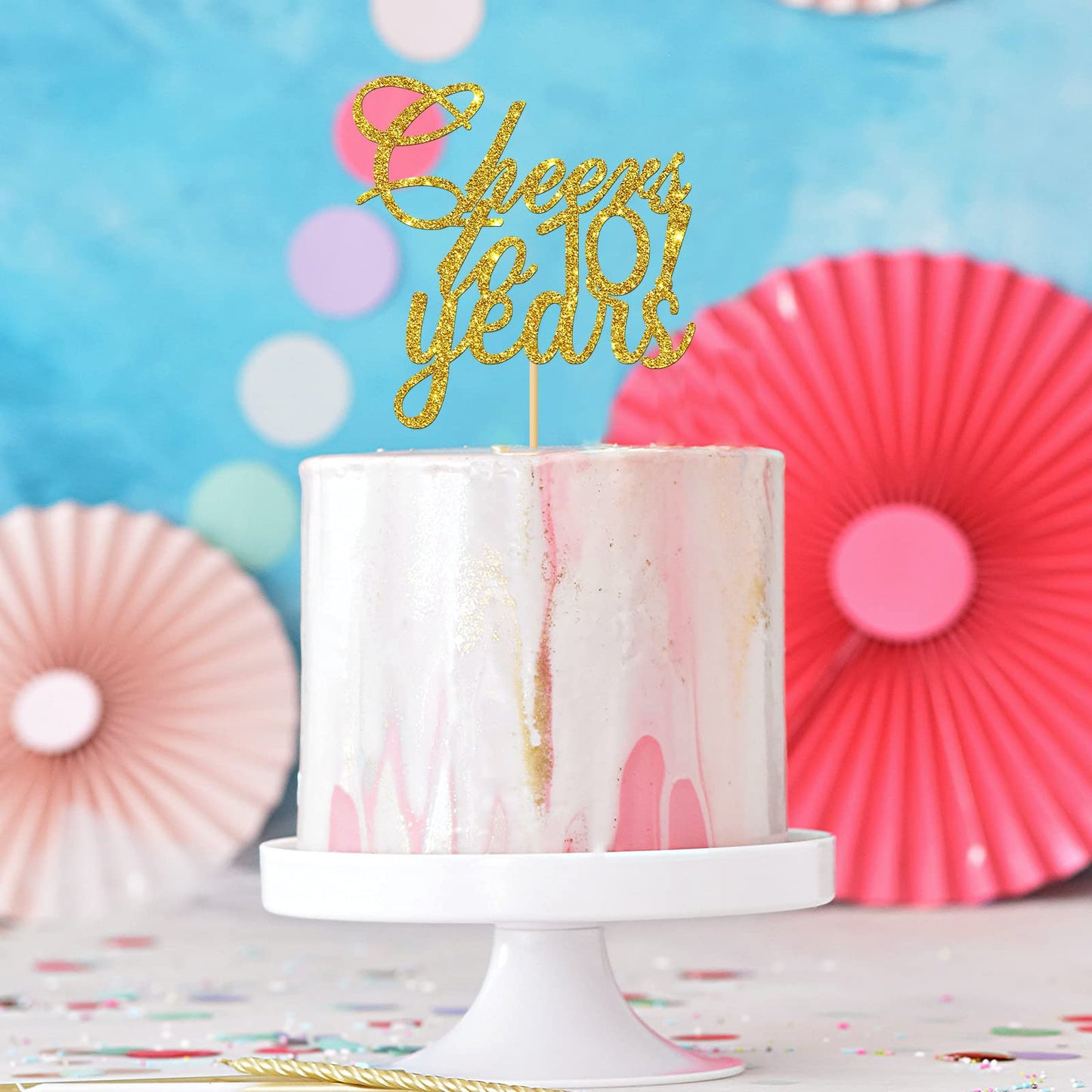 Gold Glitter Cheers to 10 Years Cake Topper - Children's 10th Birthday Cake Topper - 10 Years Blessed Wedding Anniversary Party