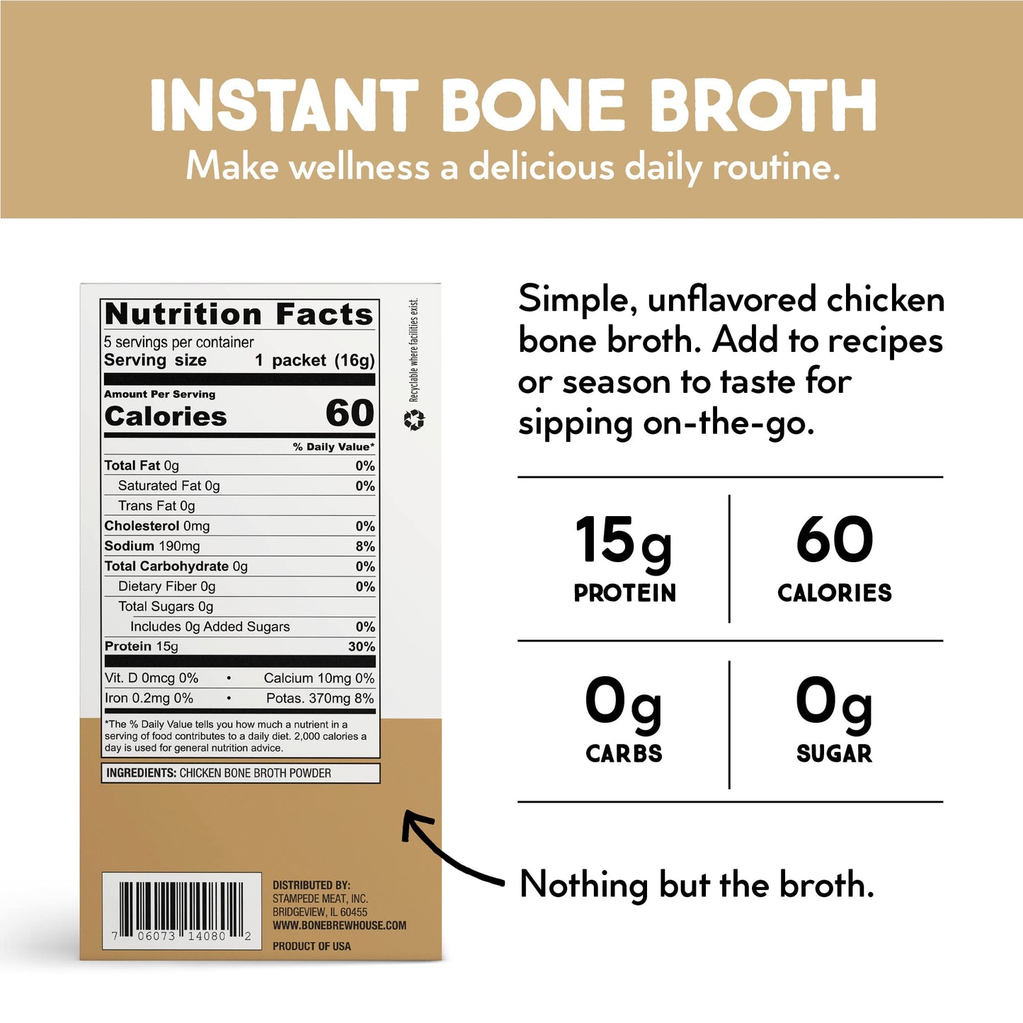 Bone Brewhouse - Unflavored Chicken Bone Broth Protein Powder - Keto & Paleo Friendly - Instant Soup Broth - 15G Protein - Natur